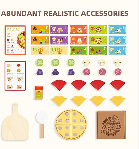 Miniatura 5 de OOOK Juguete de pizza de madera para niños, juego de contador de pizza, horno de pizza de juguete, juguetes Montessori con comida de juguete, horno