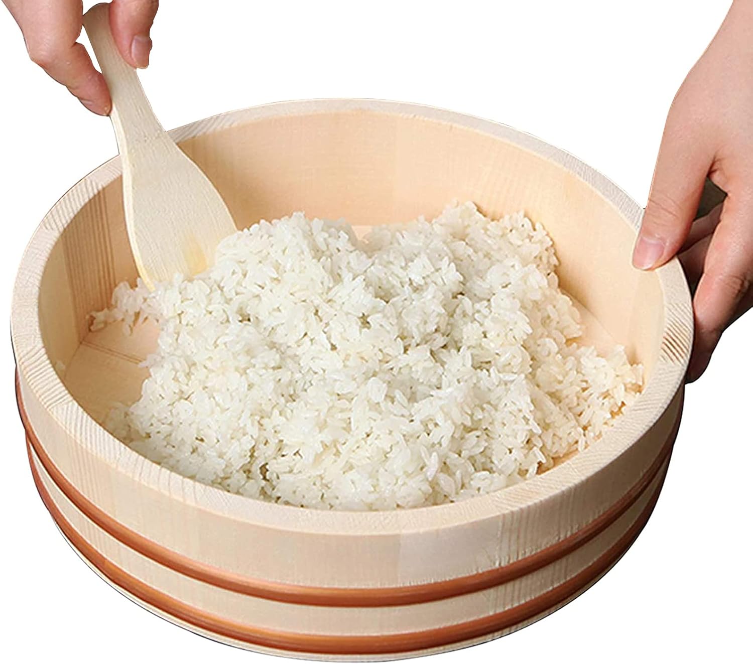 Hangiri Sushi Rice Mixing Bowl Japanese Wooden Mixing Tub White Pine Wood Rice Container Sushi Making Cookware with Copper Bands for Restaurant Home Kitchen,72x16cm