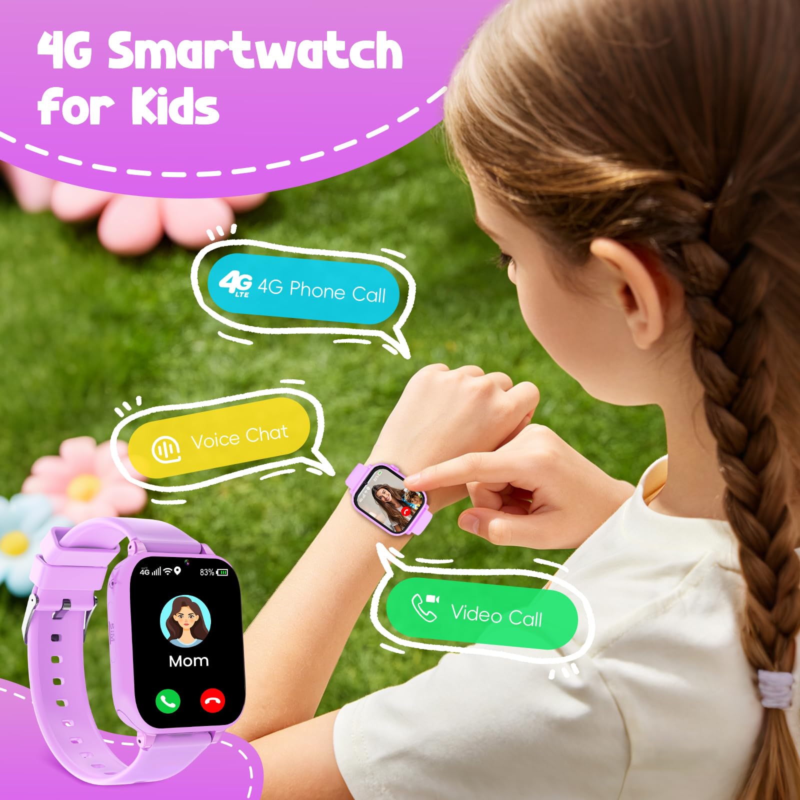 Alutoria Smartwatch per Bambini, Orologio per Bambino Bambina GPS+LBS+Wi-Fi Tracciatrice, SOS 4G Chiamate Chat vocale, Lila