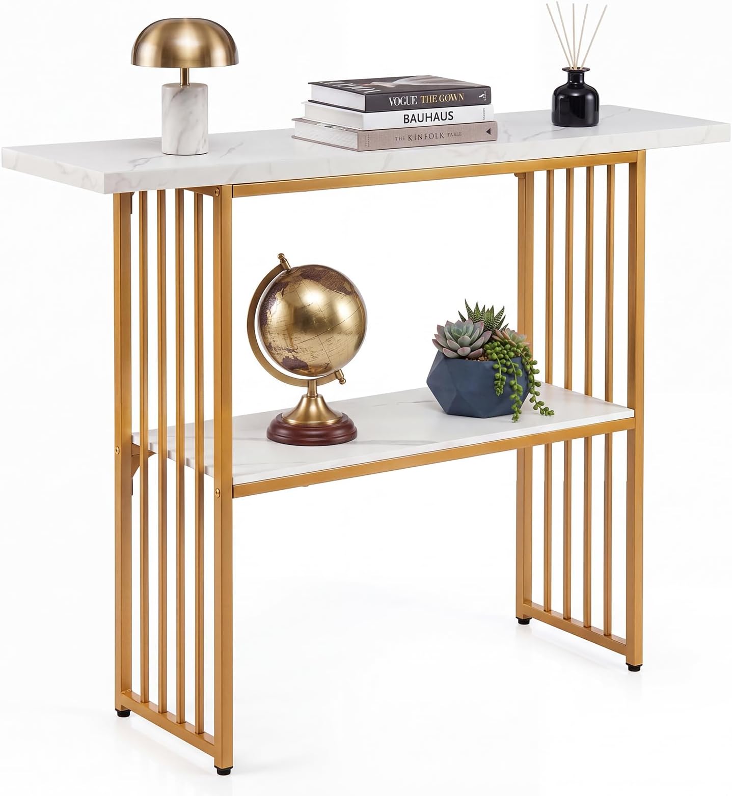 COSTWAY 2-Tier Console Table, Faux Marble Slim Entryway Table (White+Gold)