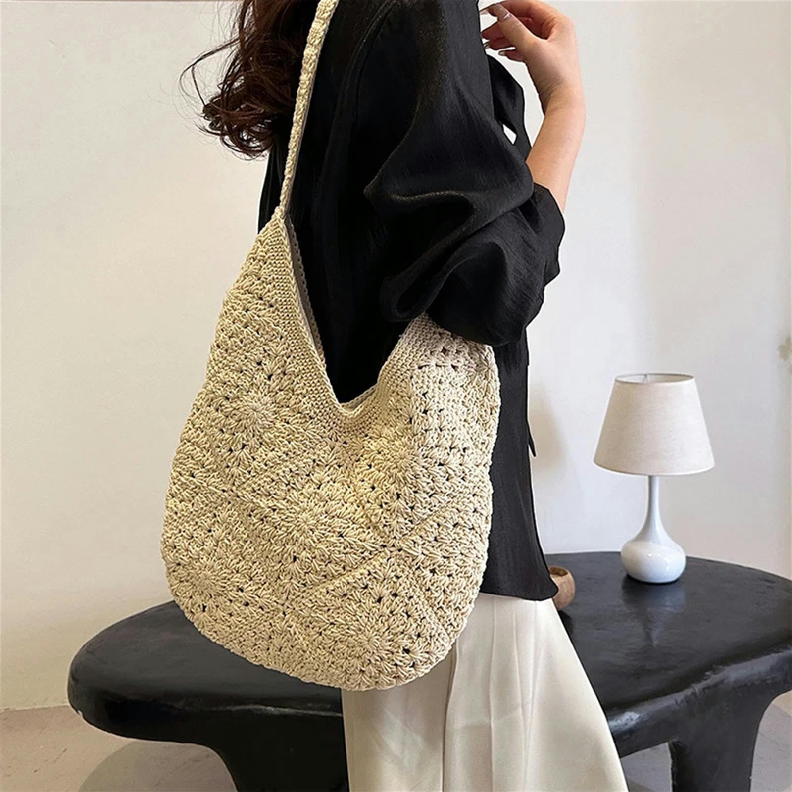 Borsa A Tracolla Borsa Intrecciata da Donna in Tessuto Intrecciato con Paglia Intrecciata per Spalla Integrale Sacca A Manico Completamente Abbinata-Beige