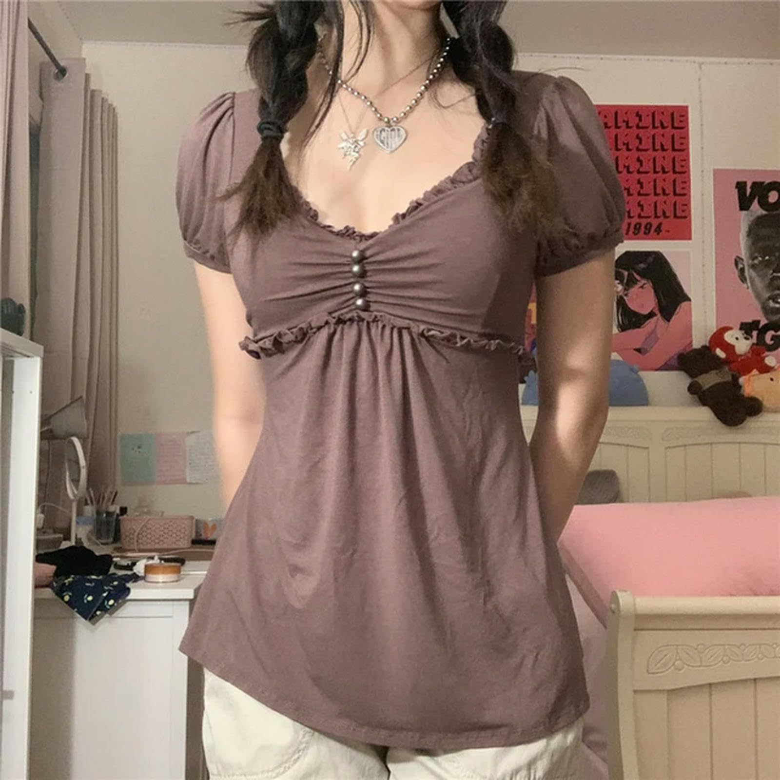 Hauts à Volants d'Été en T-Shirt Femmes Doux et Fluide XL