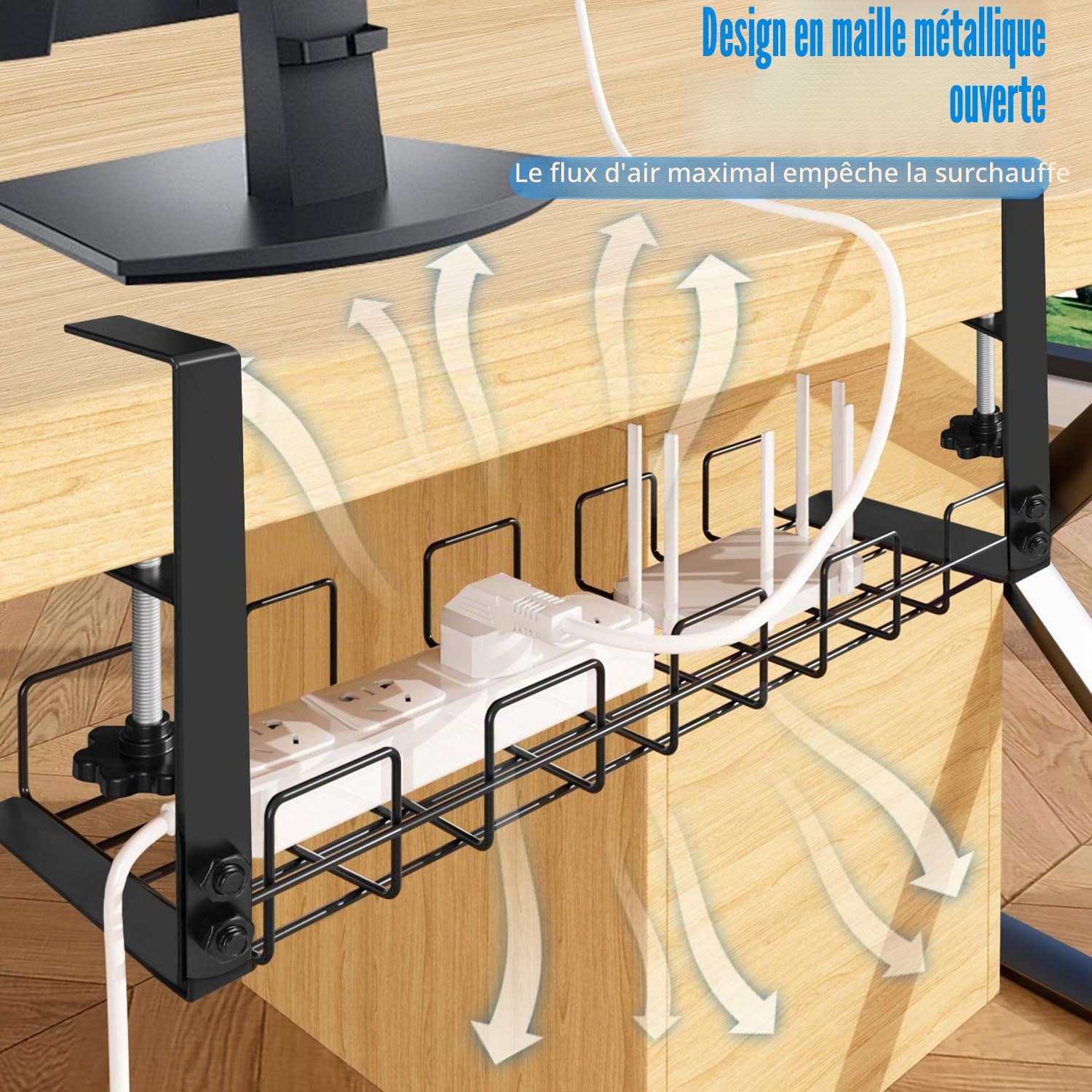 Plateau de Gestion des câbles sans perçage,Plateau de câbles avec Pince pour Gestion des Fils de Bureau,Rangement Cable Bureau,Support de câbles d'ordinateur pour Bureaus,Maison (2 Pièces)