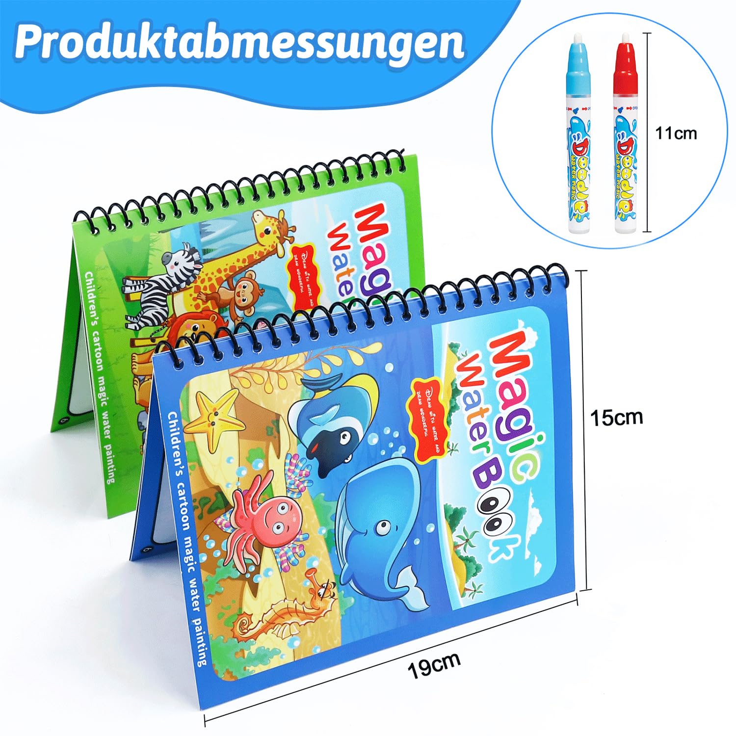 2 libri da colorare ad acqua con 2 penne ad acqua per bambini, riutilizzabili, Aqua Doodle Baby libro da colorare Water Wwow, libro da colorare ad acqua a partire dai 2 anni, Magic Water Book