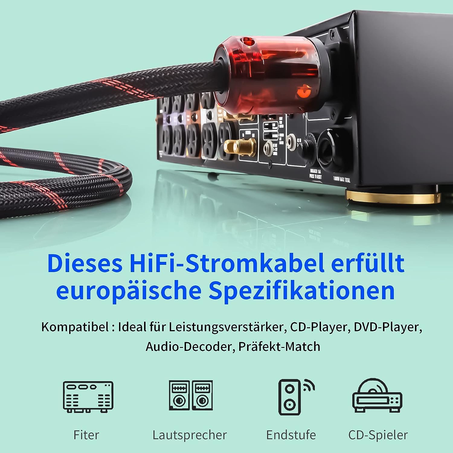 Cable de Alimentación Hi-Fi de Alta Gama OFC de 1,5 m Con Doble Apantallamiento - Enchufe Schuko y IEC