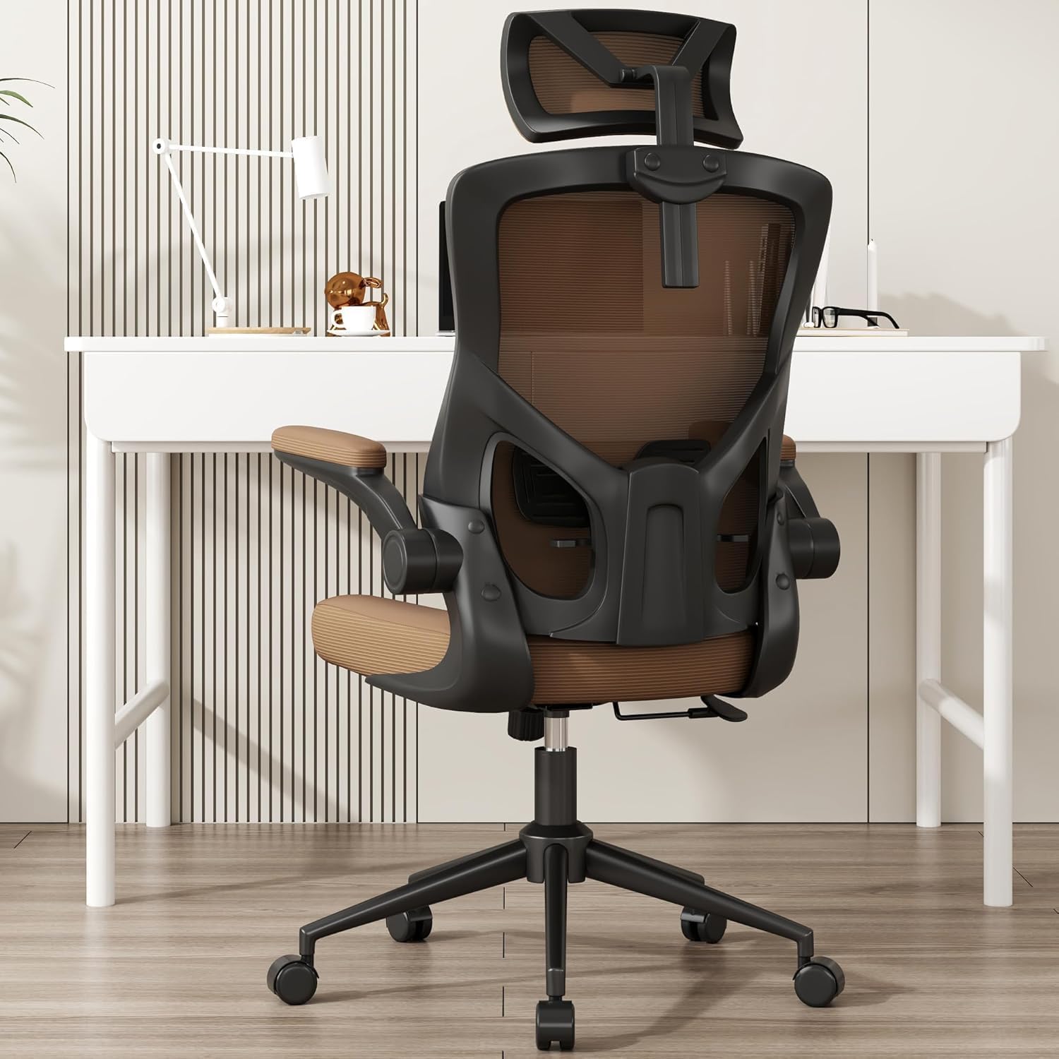 CYKOV Bürostuhl Ergonomisch Homeoffice, Wasserfall-Sitz 8h+ Rückenstütze | 4-fach Wippmechanik 90°-135°, Klappbare Armlehnen, SGS-Zertifiziert 150kg, 15cm+60° Verstellbare Kopfstütze, 5 Jahre Garantie