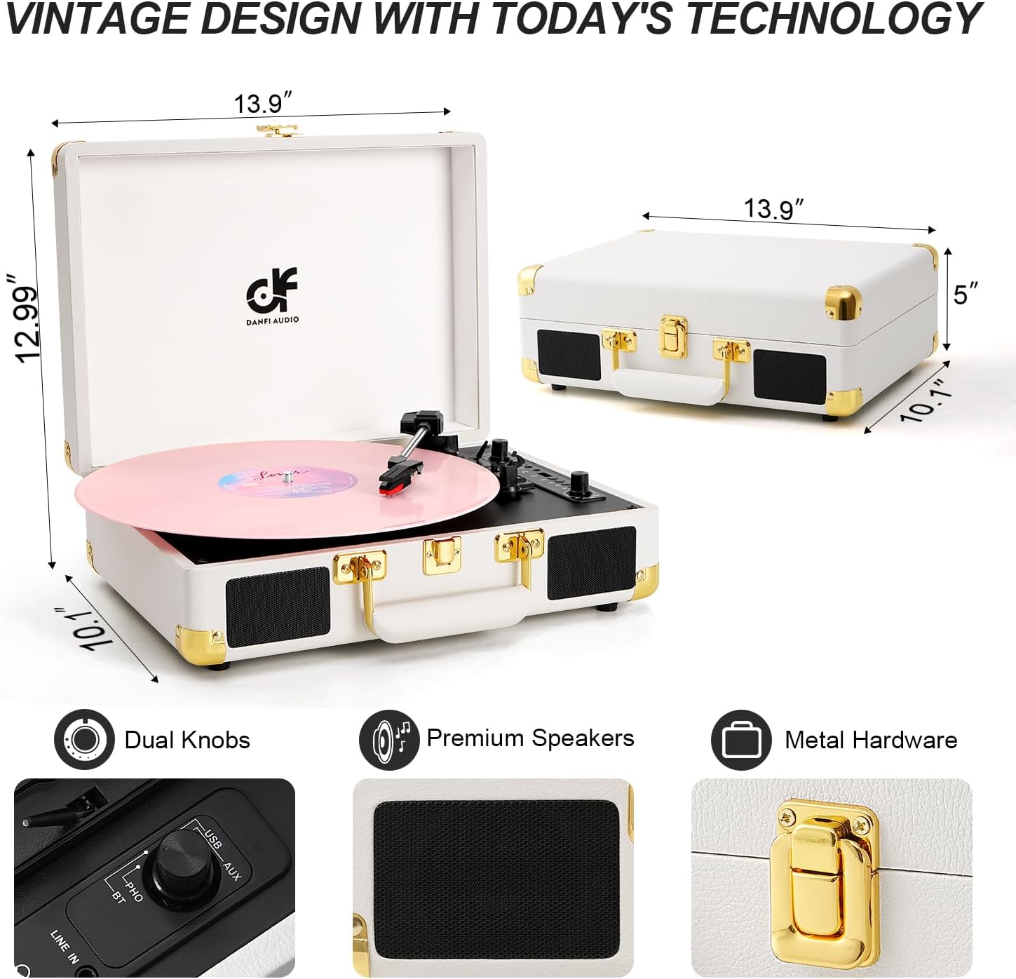 Diagram showing the dimensions of the DANFI AUDIO DF TE-2021 record player (13.9 inches wide, 12.99 inches deep when open, 10.1 inches deep when closed, 5 inches high) and close-ups of its dual knobs, premium speakers, and metal hardware.