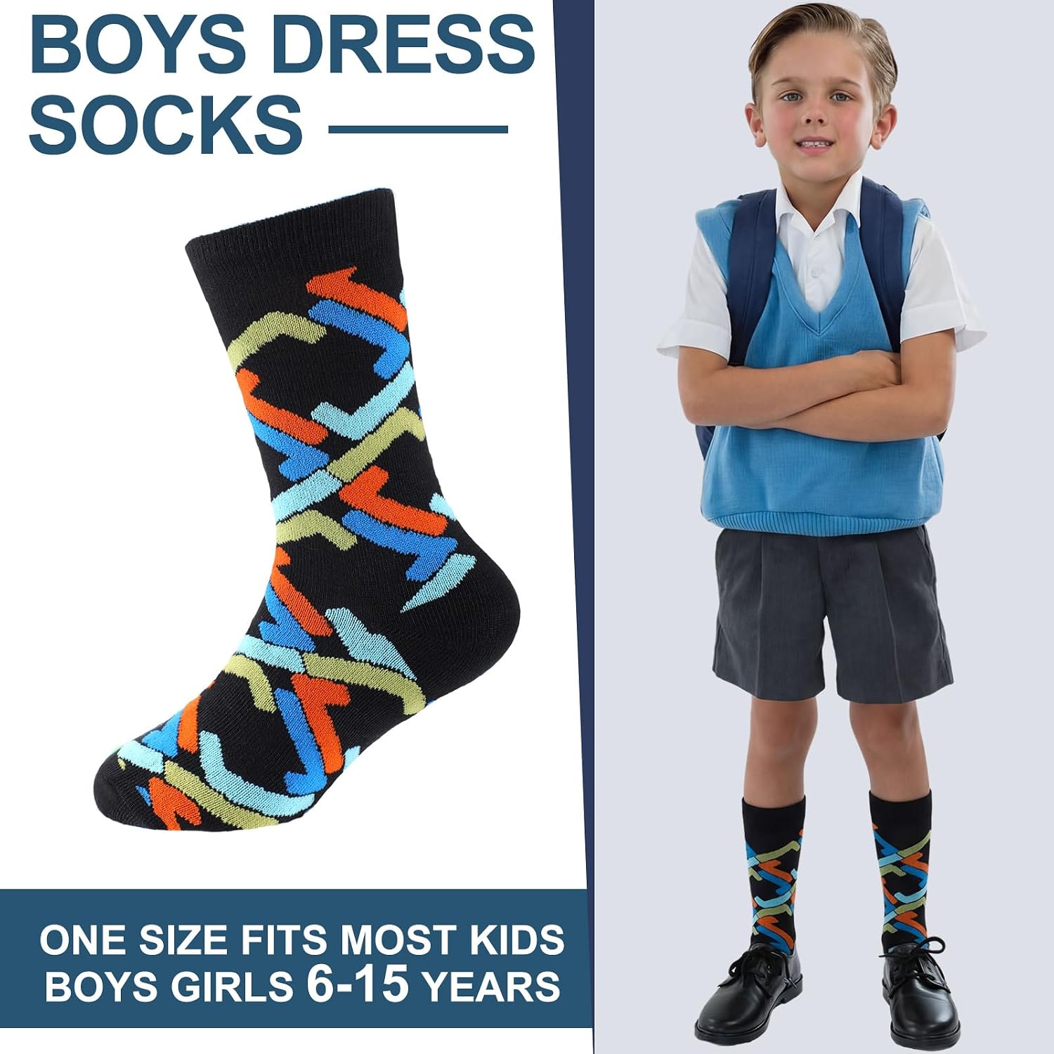 Chicingyou 12 Pair Boy Dress Socks Toddler Kid School Uniform Crew Dress Cotton Sock Gift Pattern Novelty Design Performance