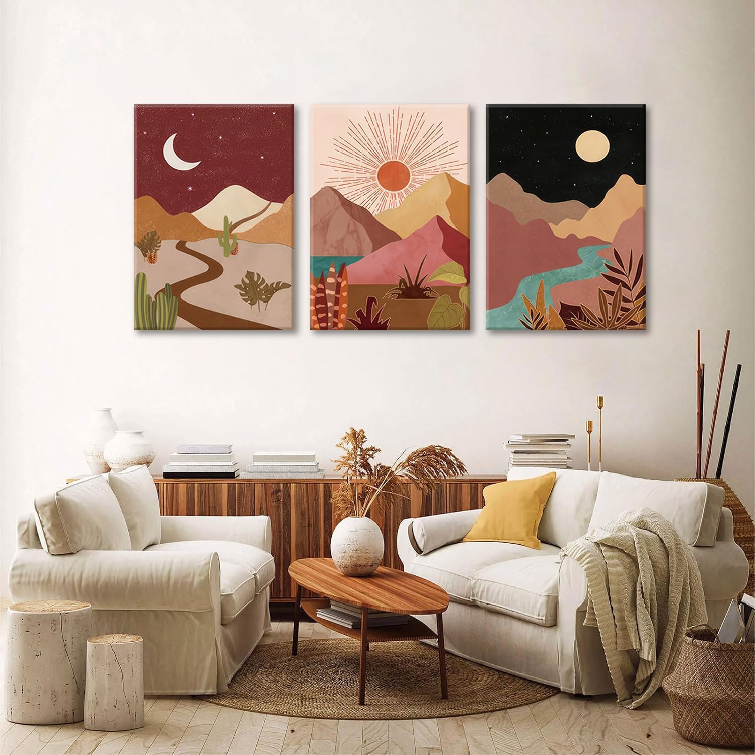 okudolit Mountain Framed Canvas Wall Art Set of 3 Mid Century Nature Landscapes Painting Colorful Sun Moon Desert Boho Modern Minimalist Wall Decor for Living Room Bedroom Office-12x16in