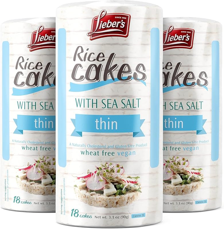 Lieber's Sea Salt Whole-Grain Brown Rice Cakes, Gluten Free, Vegan, 3-Pack | Dairy Free, Wheat Free and Kosher Certified, Crispy, Crunchy Snack with 60 Calories or Less per Cake for on-the-go Eating.