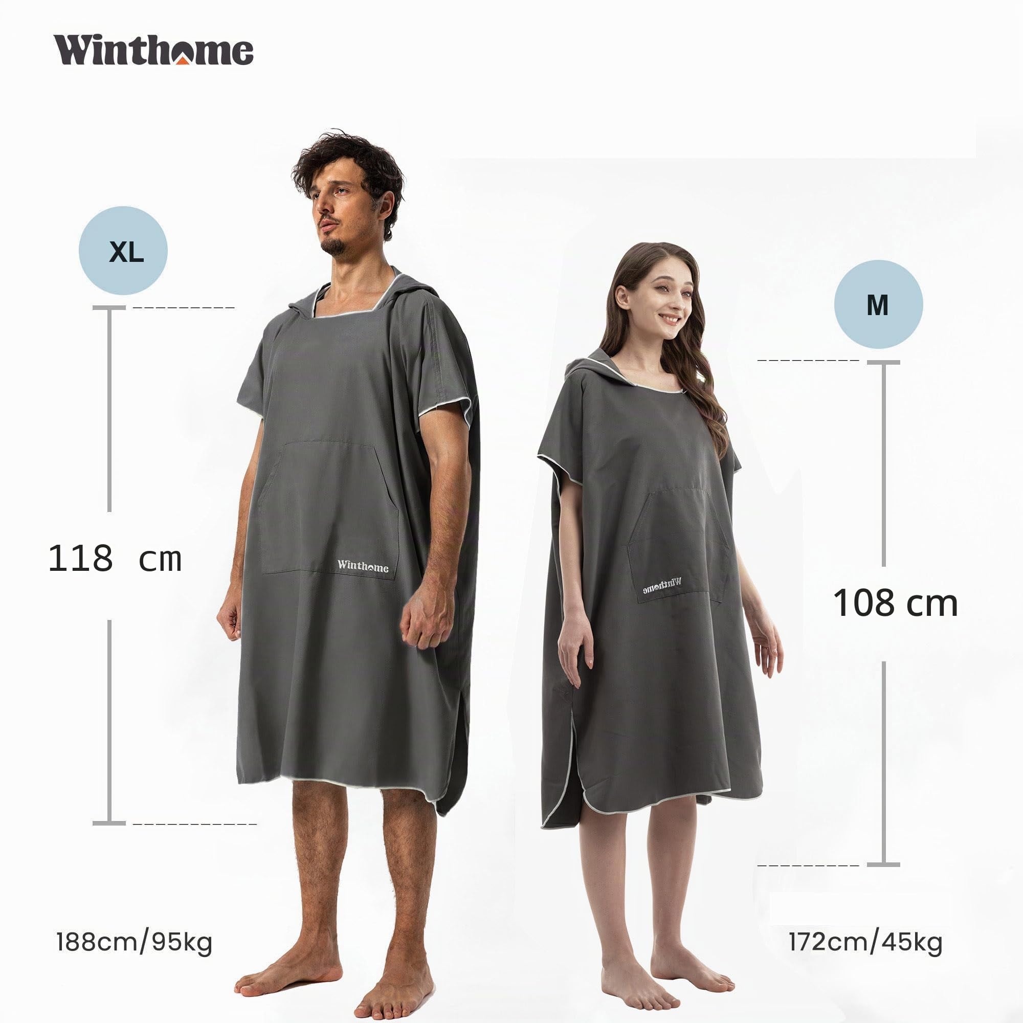 Winthome Poncho Surf Secado Rápido, Poncho Microfibra Ayuda de Cambio de Playa, Bata de Baño con Bolsillo y Capucha, Manta Poncho para Hombre Mujer, Natación Surf Playas Duchas, Viajes (Gris, M)
