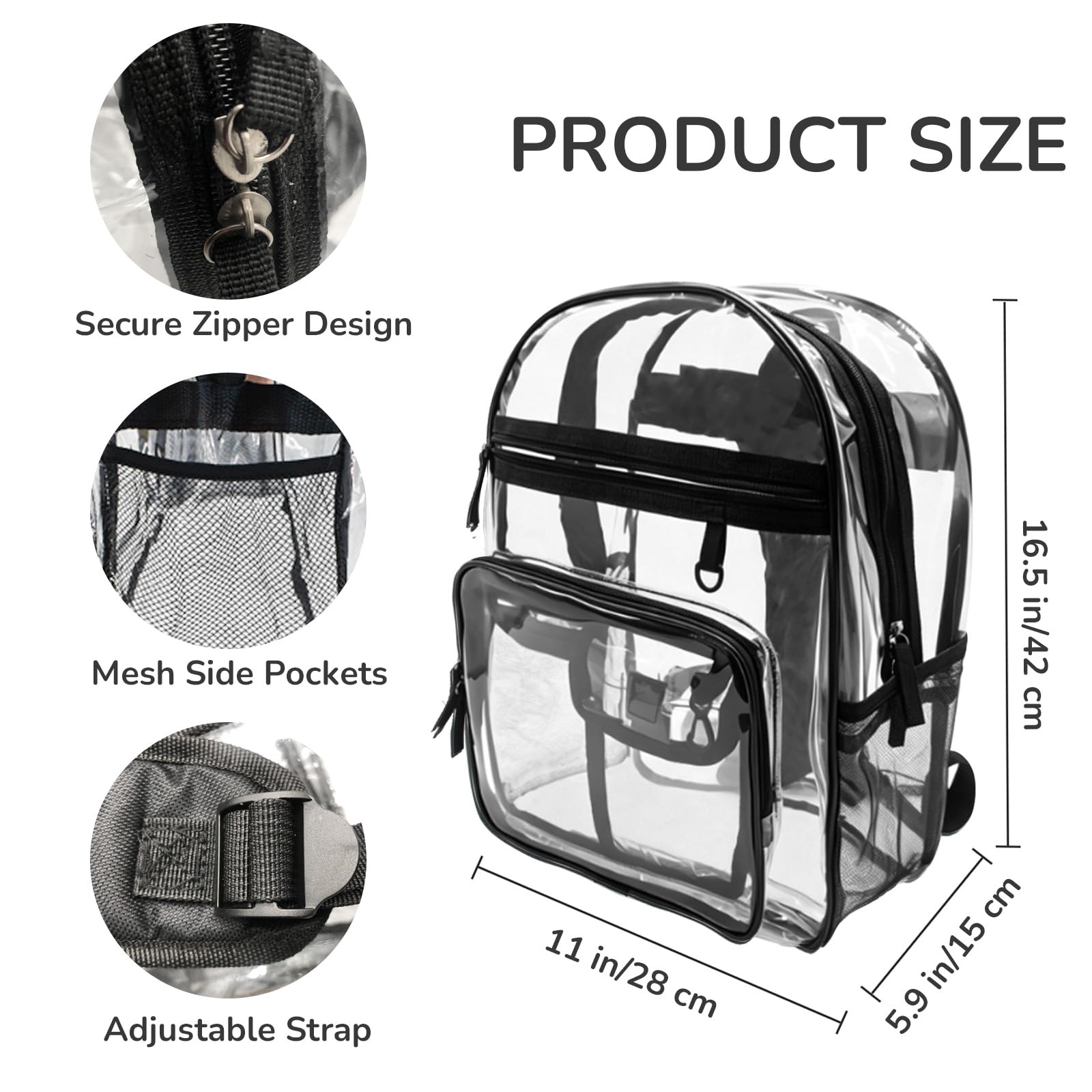 Borse trasparenti Zaino trasparente Heavy Duty Vedere Attraverso Zaino Stadio Approvato Daypacks per Lavoro Viaggio, Finiture trasparenti e nere, 11”L x 5.9”W x 16.5”H