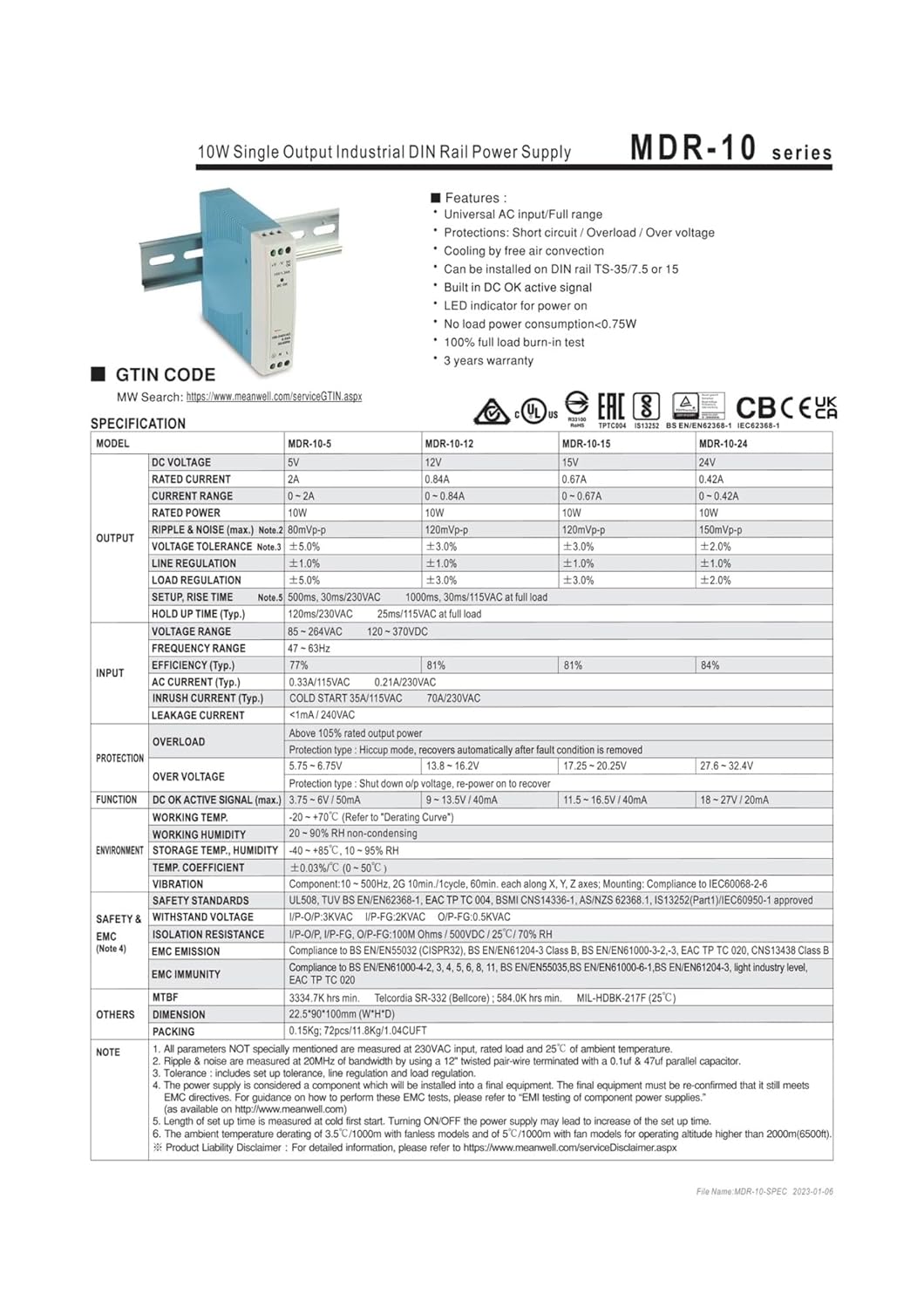 MDR-10 Series MDR-10-5 MDR-10-12 MDR-10-15 MDR-10-24 10W Switching Power Supply 5V12V15V24V(Mdr-10-5v)
