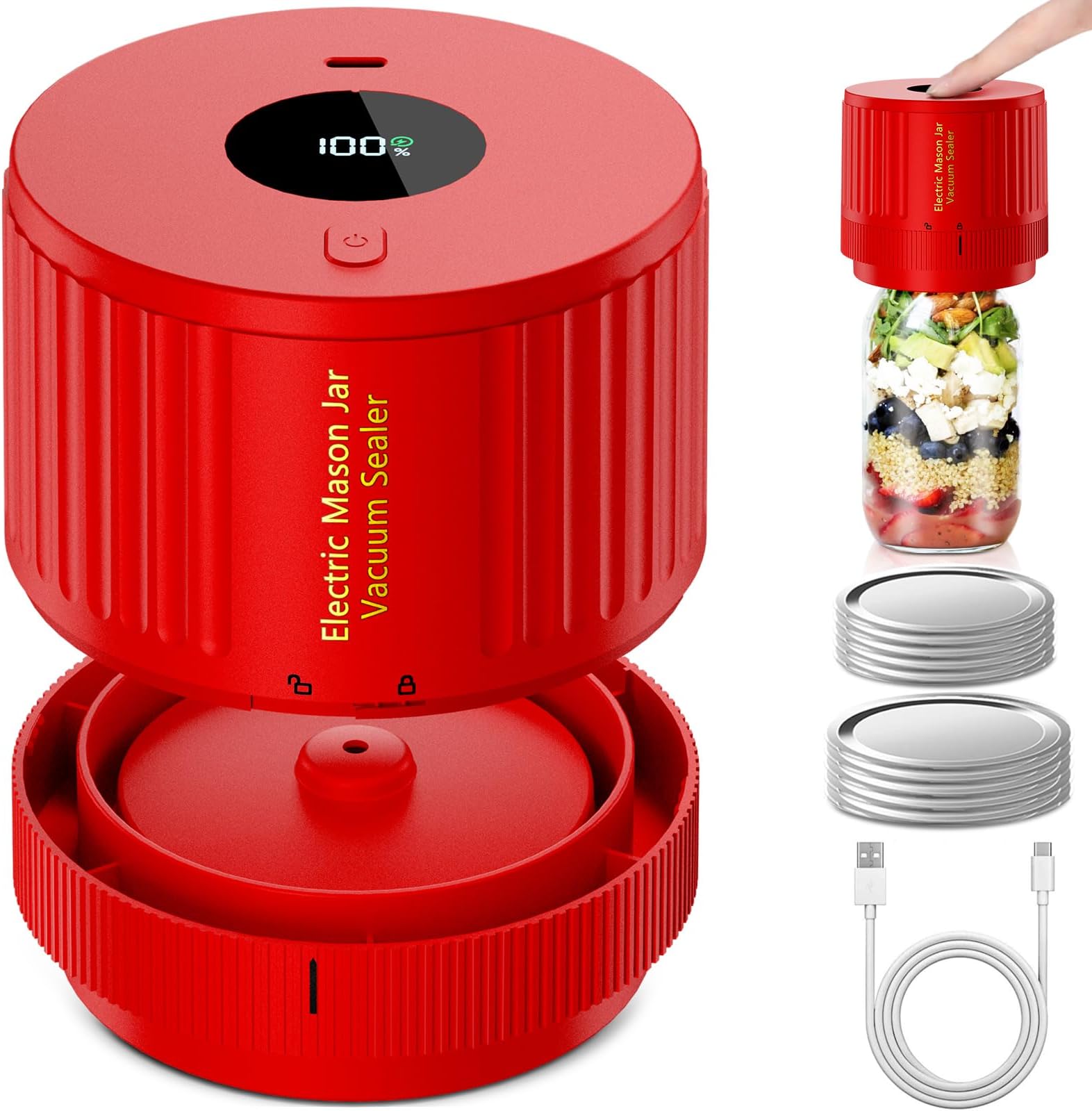 Electric Mason Jar Vacuum Sealer Kit for Wide Mouth and Regular Mouth Mason Jar - Red