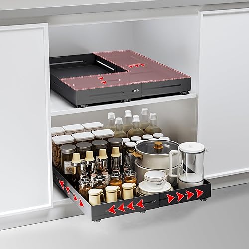 AmzAge Pull-out Cabinet Organizer,Adjustable Depth(15.7"-24.4") And Width(12.8"-20.5"),3 Silent slides and 2 Support Pulleys,Easy to Assemble and Heavy-Duty Storing slide-out drawer,Black - (Depth15.7"-24.4")(Width12.8"-20.5") - Black