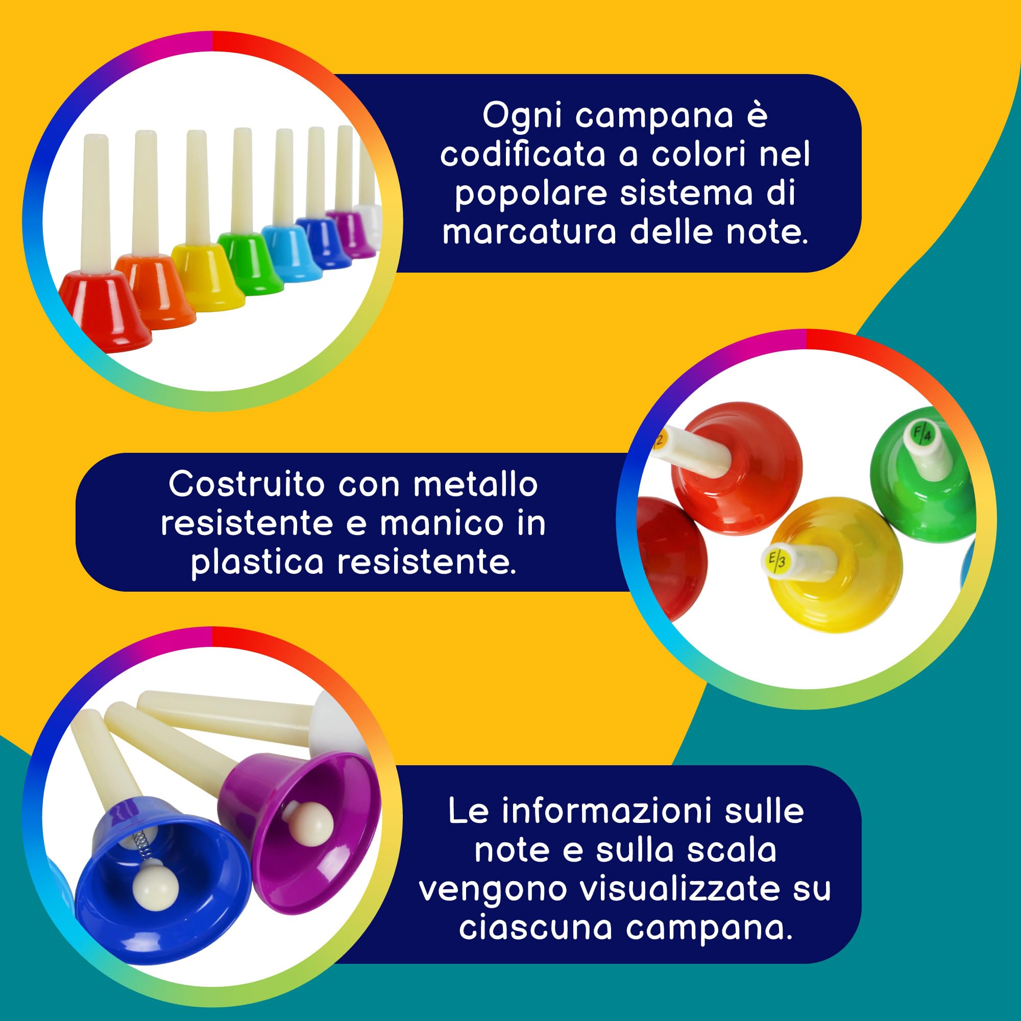 A-Star Set di 8 campanelle diatoniche in metallo colorato arcobaleno - da C6 a C7