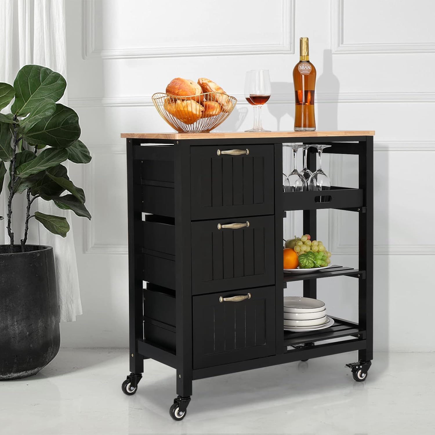 VINGLI Kitchen Island Cart with 3 Drawers 2 Tier Holders 1