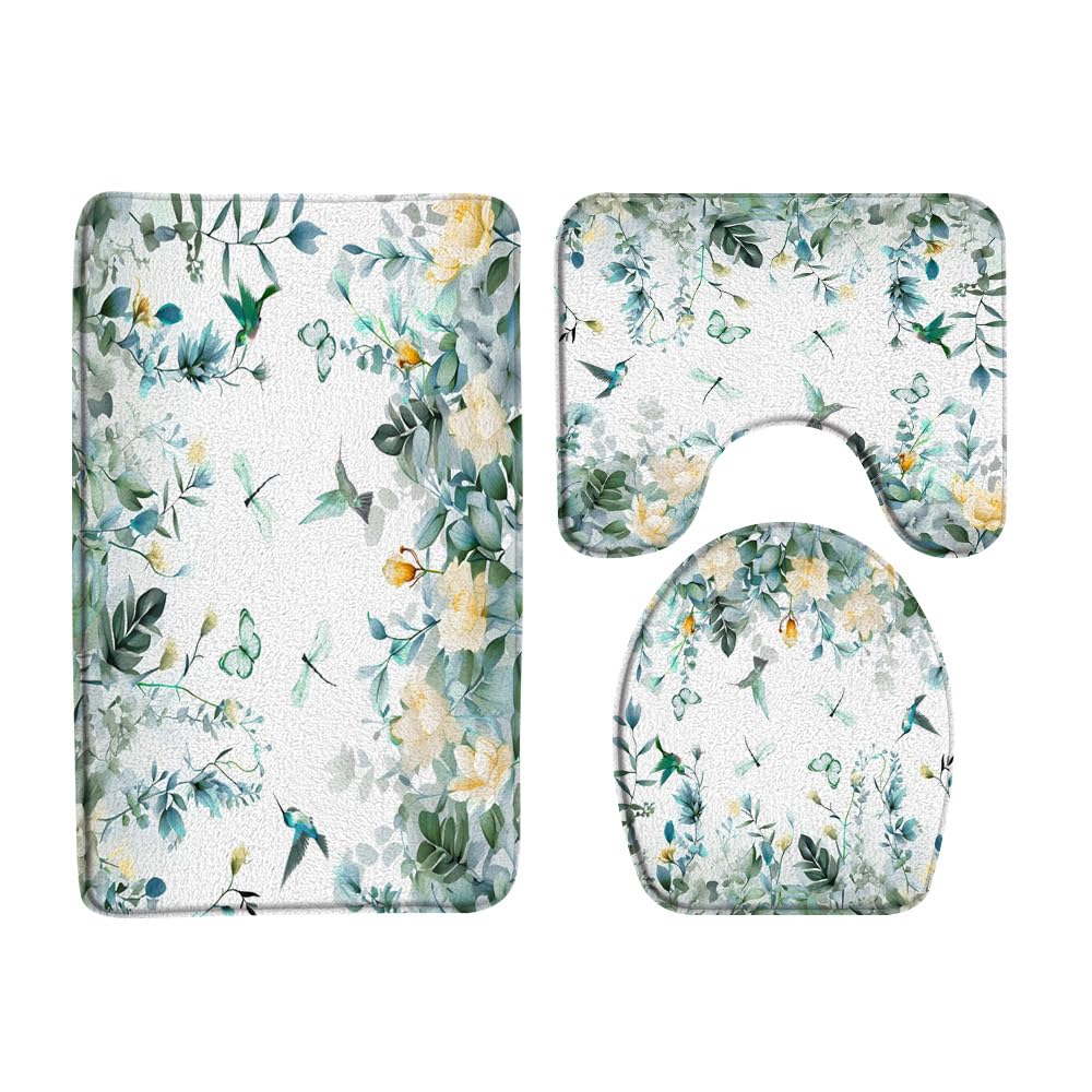 UOZXOML Sage Eucalyptus Leaves Bathroom Rug Set of 3,Watercolor Floral Flower Hummingbird Butterfly Dragonfly Modern 3 Pieces Bath Mats Set for Bathroom, Non-Slip Washable Cover Floor Rug Decor