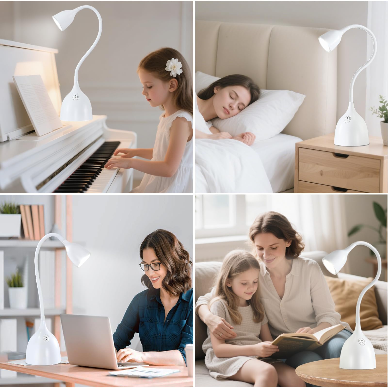 GyroVu Schreibtischlampe Weiß, LED Tischlampe, Klein Einstellbar Flexibler Gänsehals Leselampe, Non-flickering 5000K Schreibtischleuchte Augenschutz für Studentenwohnheim, Büro, Haus