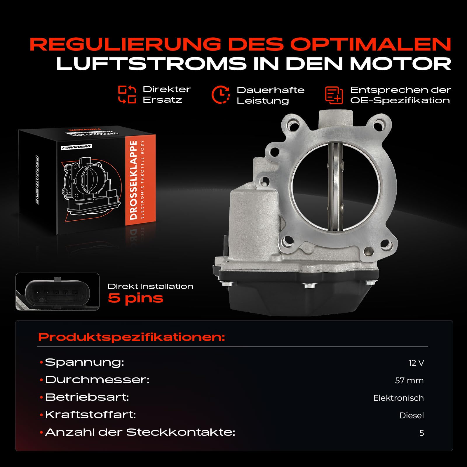 Frankberg 1x Drosselklappe Drosselklappenstutzen 5-Polig Kompatibel mit Sprinter 3-T Pritsche/Fahrgestell B906 209CDI 211CDI 213CDI 215CDI 2.1L-2.2L 2006-2016 Replace# A2C59515224