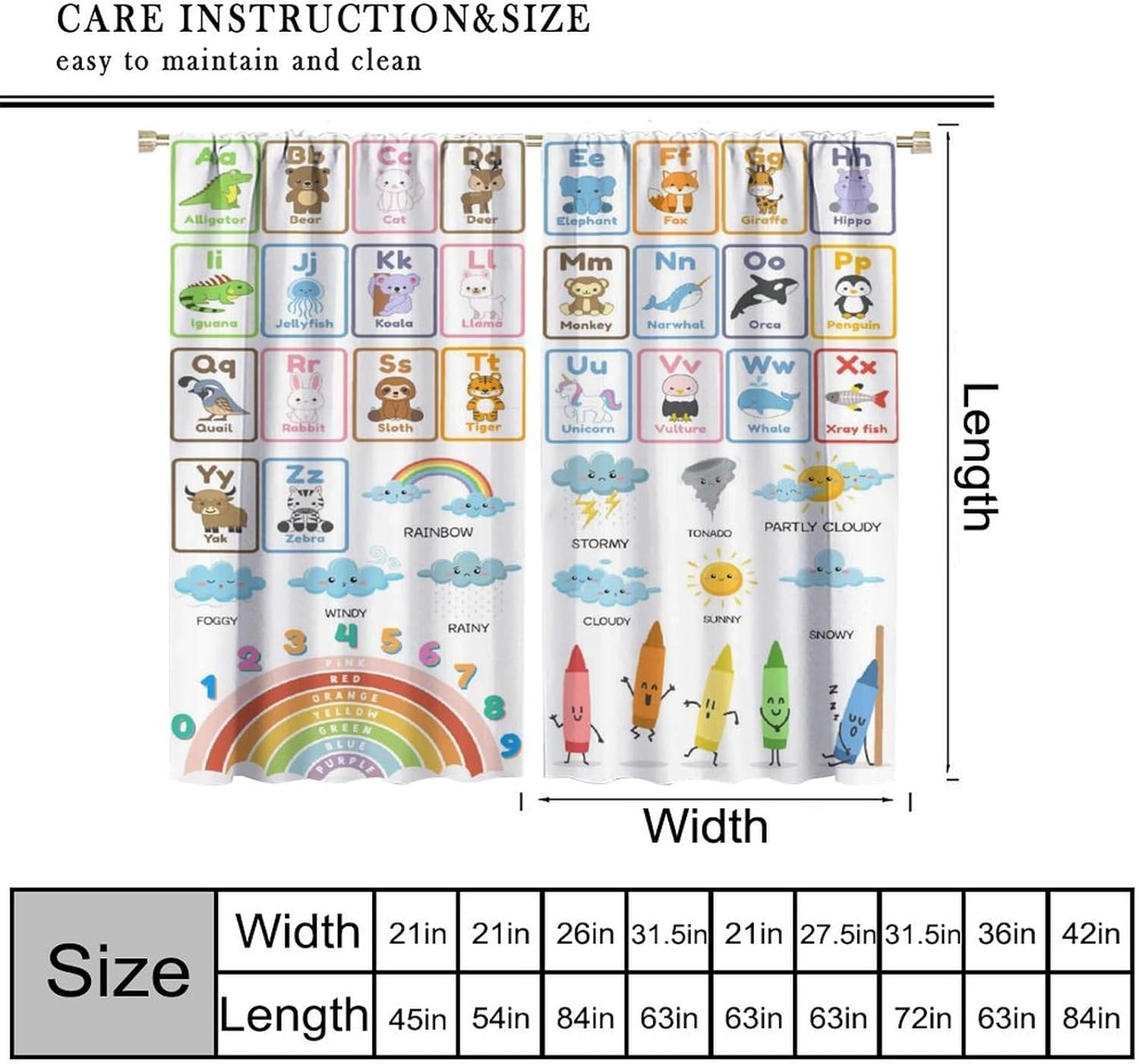 Alphabet ABC Kids Curtains, Child Educational Learning Rainbow Numbers Weather Blackout Curtain,Cartoon Colorful Animals Window Treatments Drapes for Nursery Boys Girls Bedroom Decor 42"W x 63"L