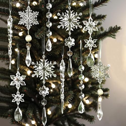 Adornos de copo de nieve de cristal, 10 adornos de Navidad de cristal, incluyendo copos de nieve acrílicos y adornos de carámbano con colgantes para