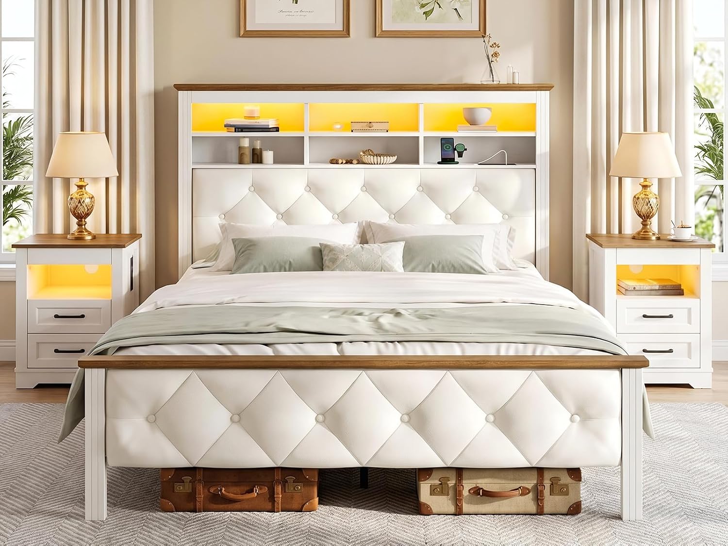 RALGEND Full Bed Frame with 51'' Tall Headboard, Bed Frame Full Size with PU Upholstered Storage Headboard, Charging Station & LED Lights, Noise-Free, No Box Spring Needed, Easy Assembly, White Walnut