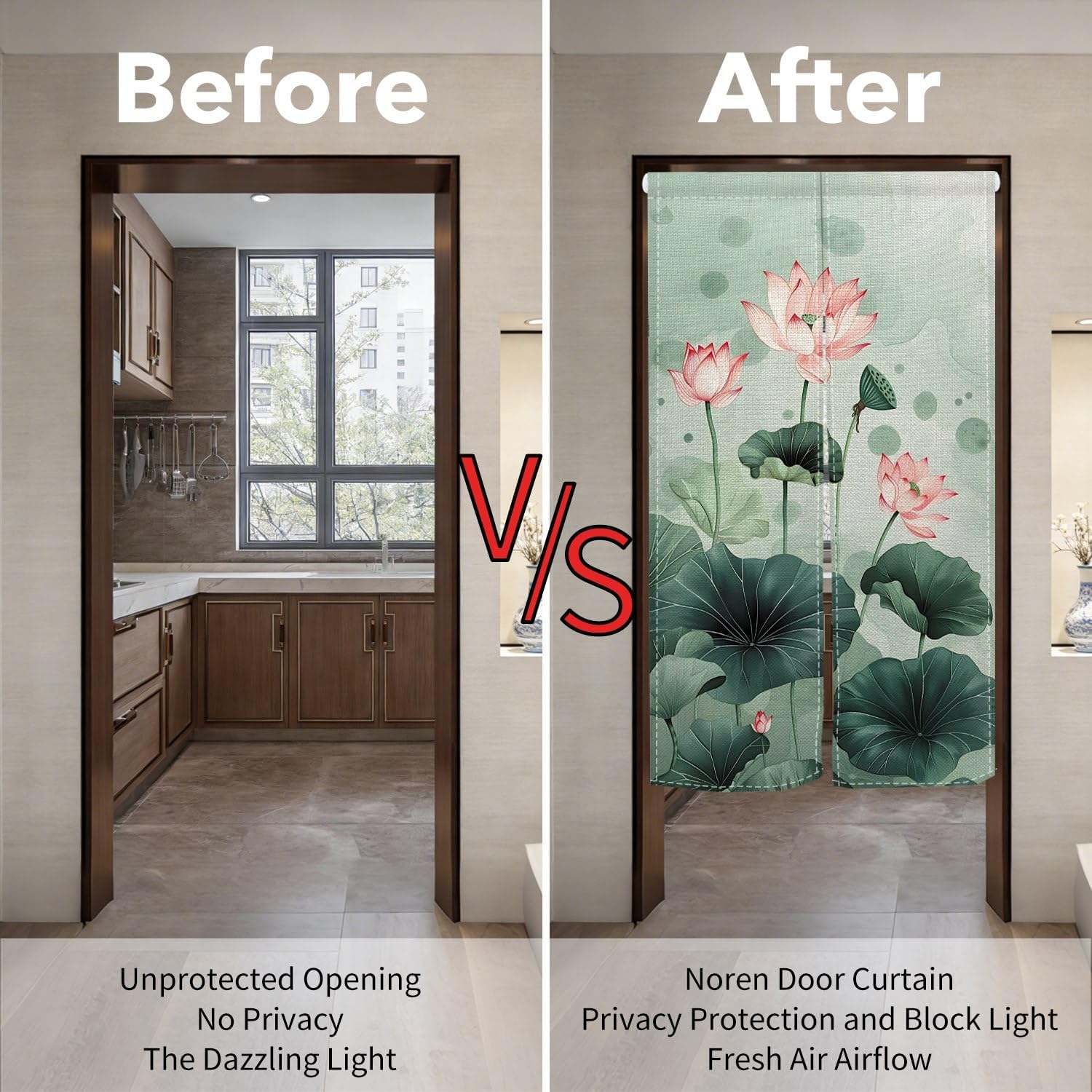 Japanese Doorway Curtain Noren Door Tapestry Chinese Ink Printing Lotus Flower Kitchen Door Curtains for Hanging Room Privacy Divider Bathroom Home Japanese Decor, 33.5"x 70.9"