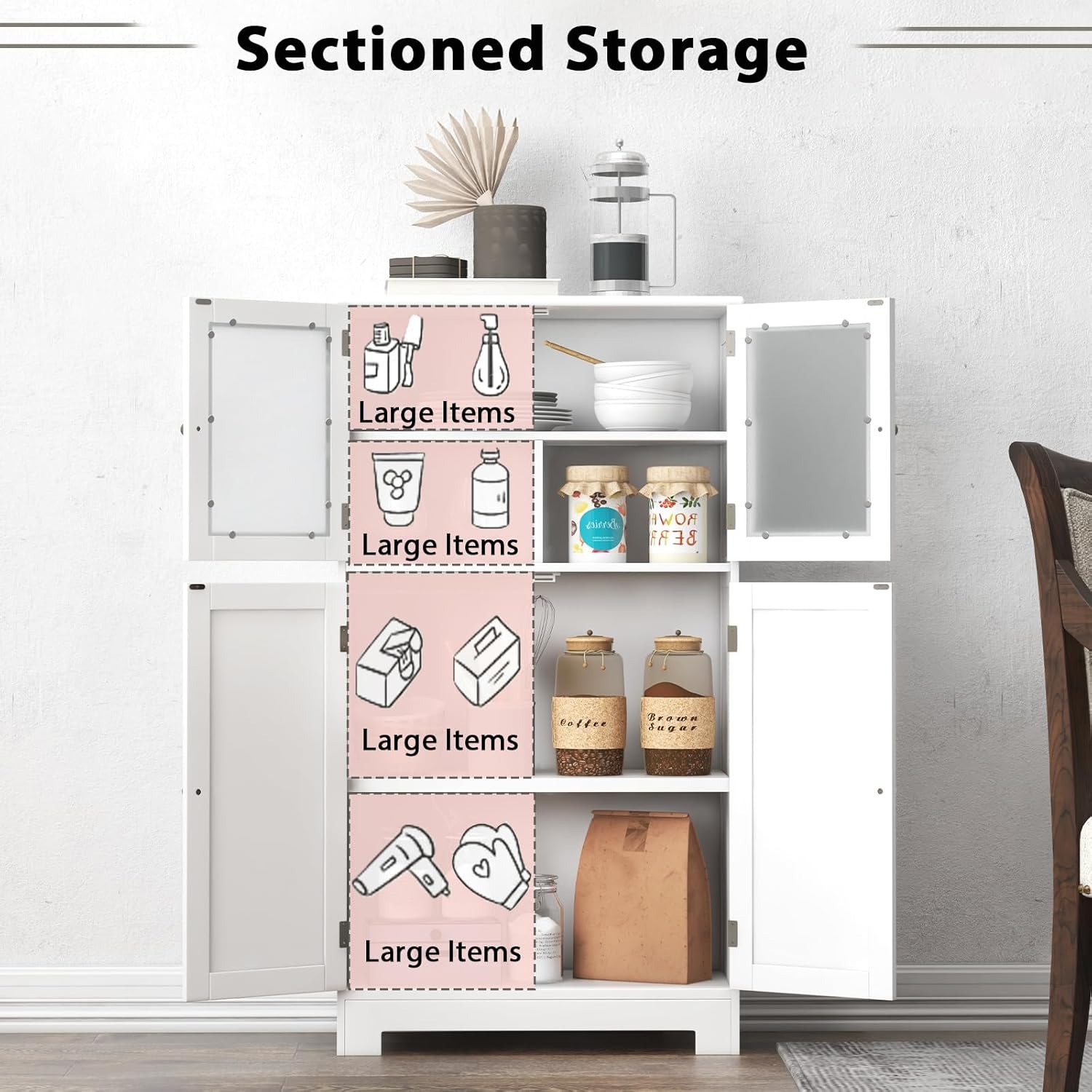 POWERSTONE Bathroom Storage Cabinet, Freestanding Floor Cabinet Organizer with Glass Doors & Adjustable Shelf, Wooden Kitchen Pantry Cupboard for Living Room, Bathroom, Office, Entryway (White-1)