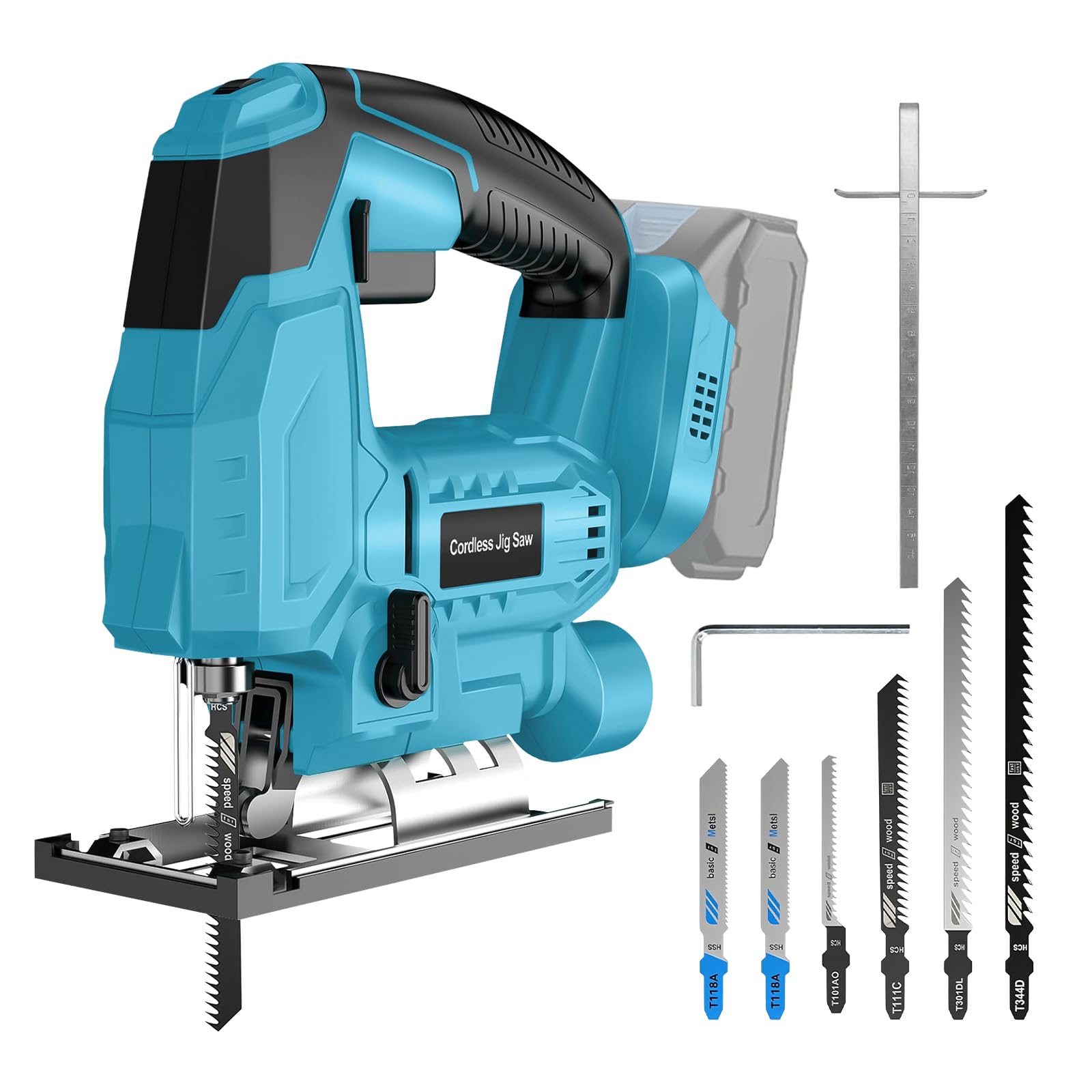 Sierra de calar a batería compatible con Makita 18 V batería (sin pila), sierra de calar eléctrica sin escobillas con 45° bisel, 6 velocidades, 4 orbitales, 6 hojas de sierra (Solo útiles)