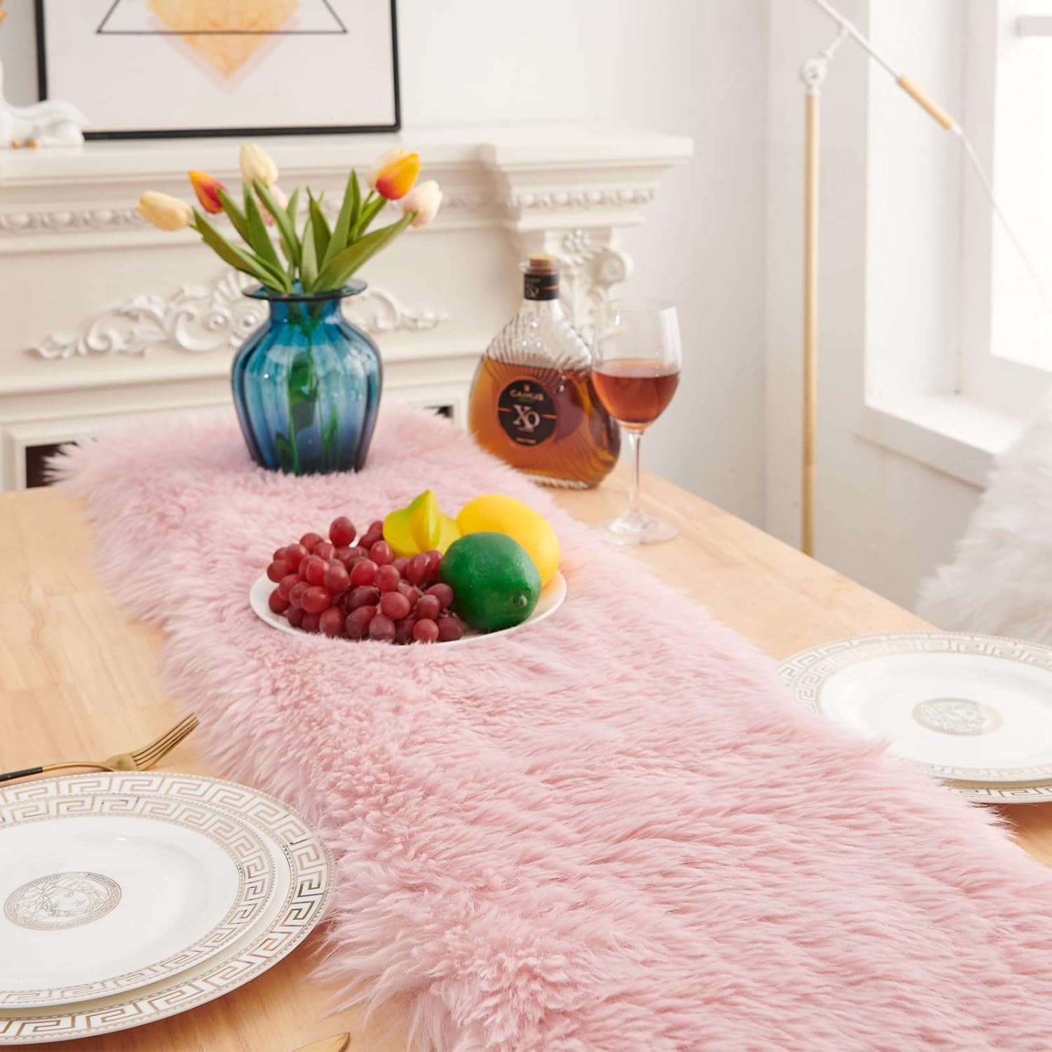 Table Runner, Modern Pink Dresser Fur Table Runners for Christmas Wedding Party Holiday Birthday Home Farmhouse Dining Coffee Table Decor, Decoration Rug Bed Runner for Table 11.8x70.8 inch