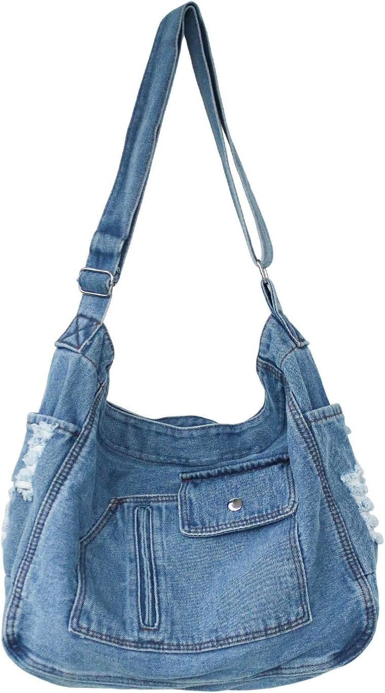 Denim Shoulder Bag for Women Canvas Messenger Tote Purse with Zipper Lightweight Crossbody Hobo Handbag Casual Jean Bag