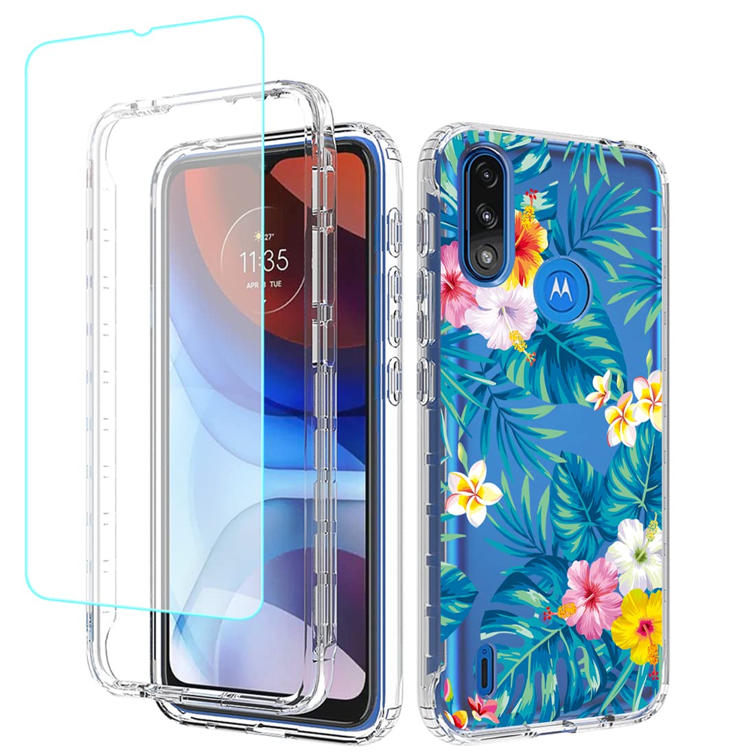 Case for Moto E7 Power/Moto E7i Power XT2097 Case with Tempered Glass Screen Protector, Full Body Clear Floral TPU Phone Protective Armor Cover for Motorola Moto E7 Power (Flowers & Leaves)