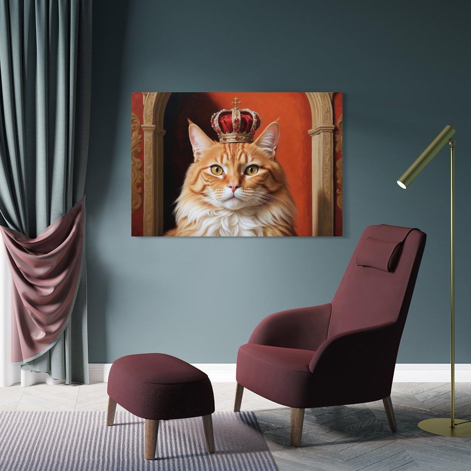 Junmoney Regal Cat Portrait with Crown Wall Art Print, 20x30inch(50x75cm), for Bedroom Walls, Guest Spaces Or Lounges, Home Artwork with A Soft Interior Feel