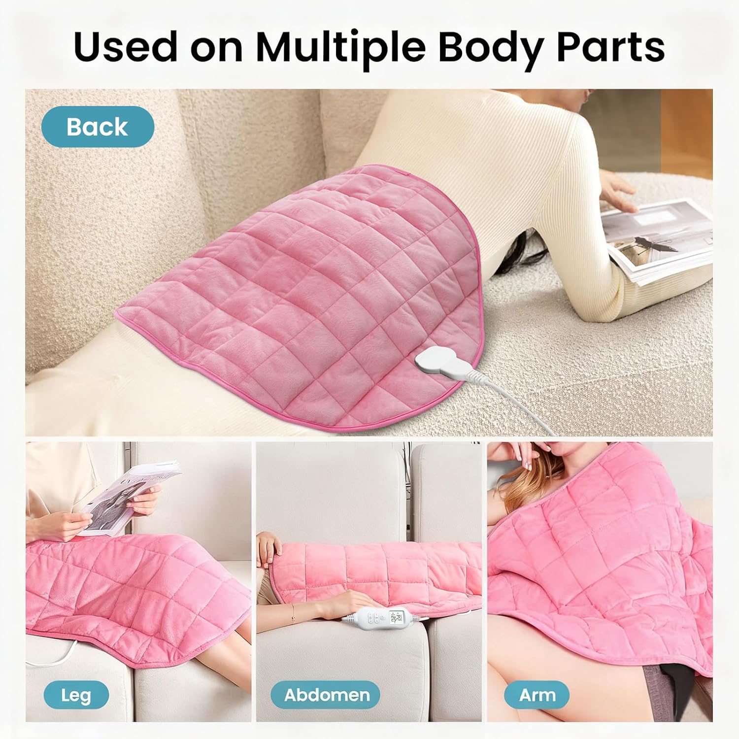 Images showing the NOWWISH Weighted Heating Pad being used on the back, leg, abdomen, and arm.