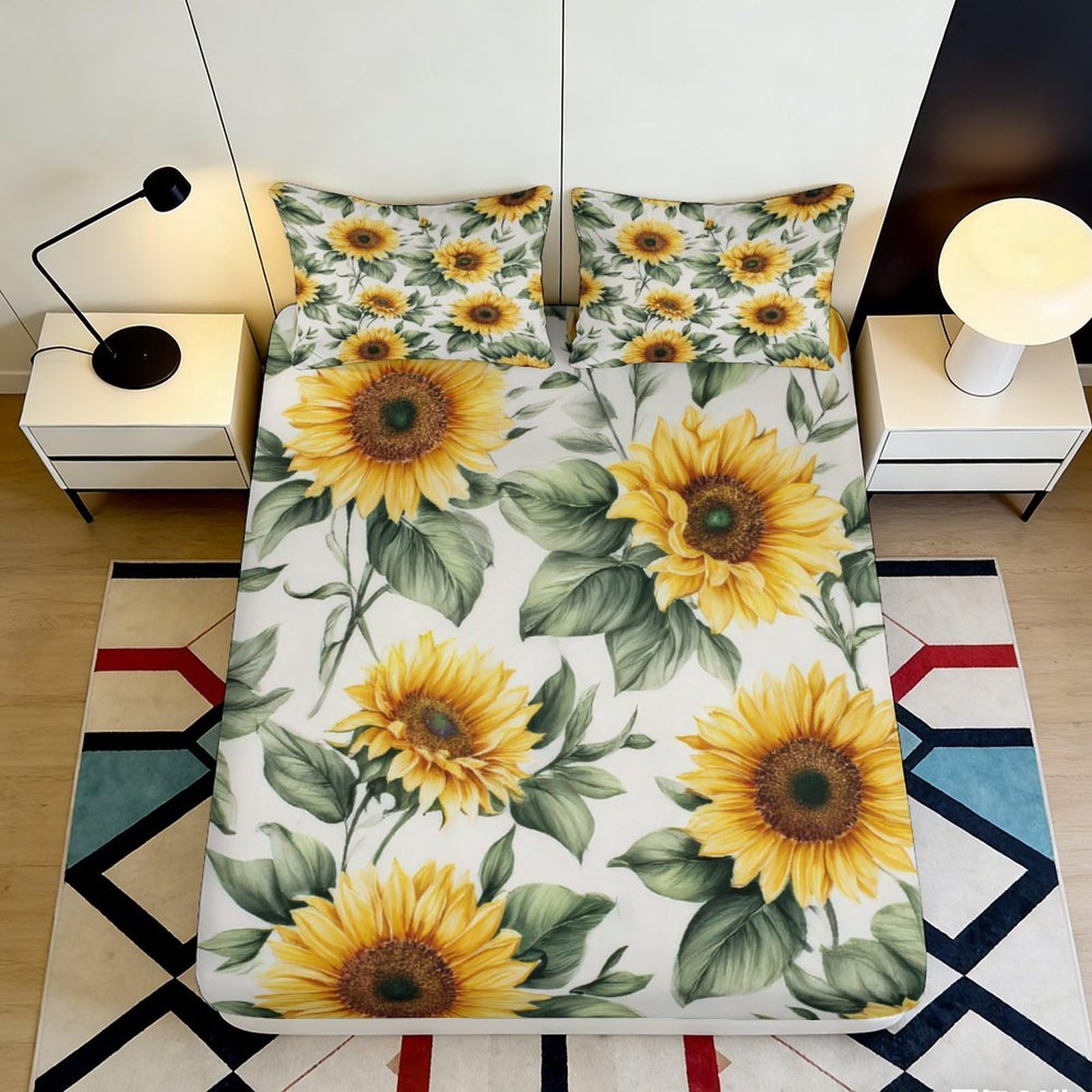 3D Printed Sunflower Fitted Sheet Microfiber Soft Non-Slip Yellow Blossom Bed Cover for Bedroom Dorm Mattress Protection Decor 90x200x25cm