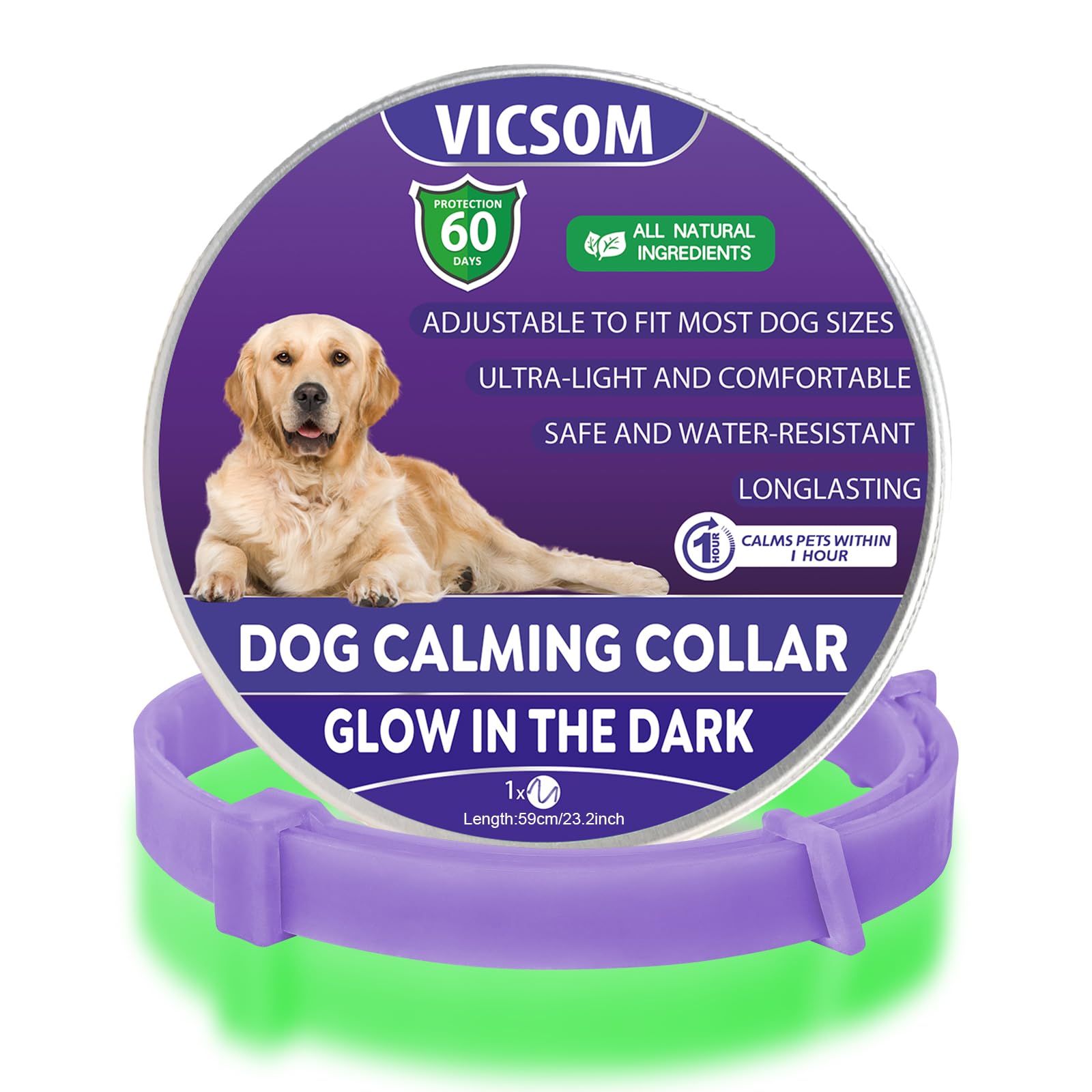 VICSOM Collar Calmante para Perros, Luminoso Calmante Collar para Perros, Luminoso Collar de Perro Calmante Seguro Natural, Regulable Impermeable Feromonas para Perros Diferentes 23.2In Morado 1 Pack