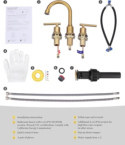 Miniatura 7 de WOWOW Grifo de baño dorado de 3 agujeros, grifo de lavabo de baño generalizado, grifo de lavabo de 2 manijas de latón con drenaje emergente, grifo