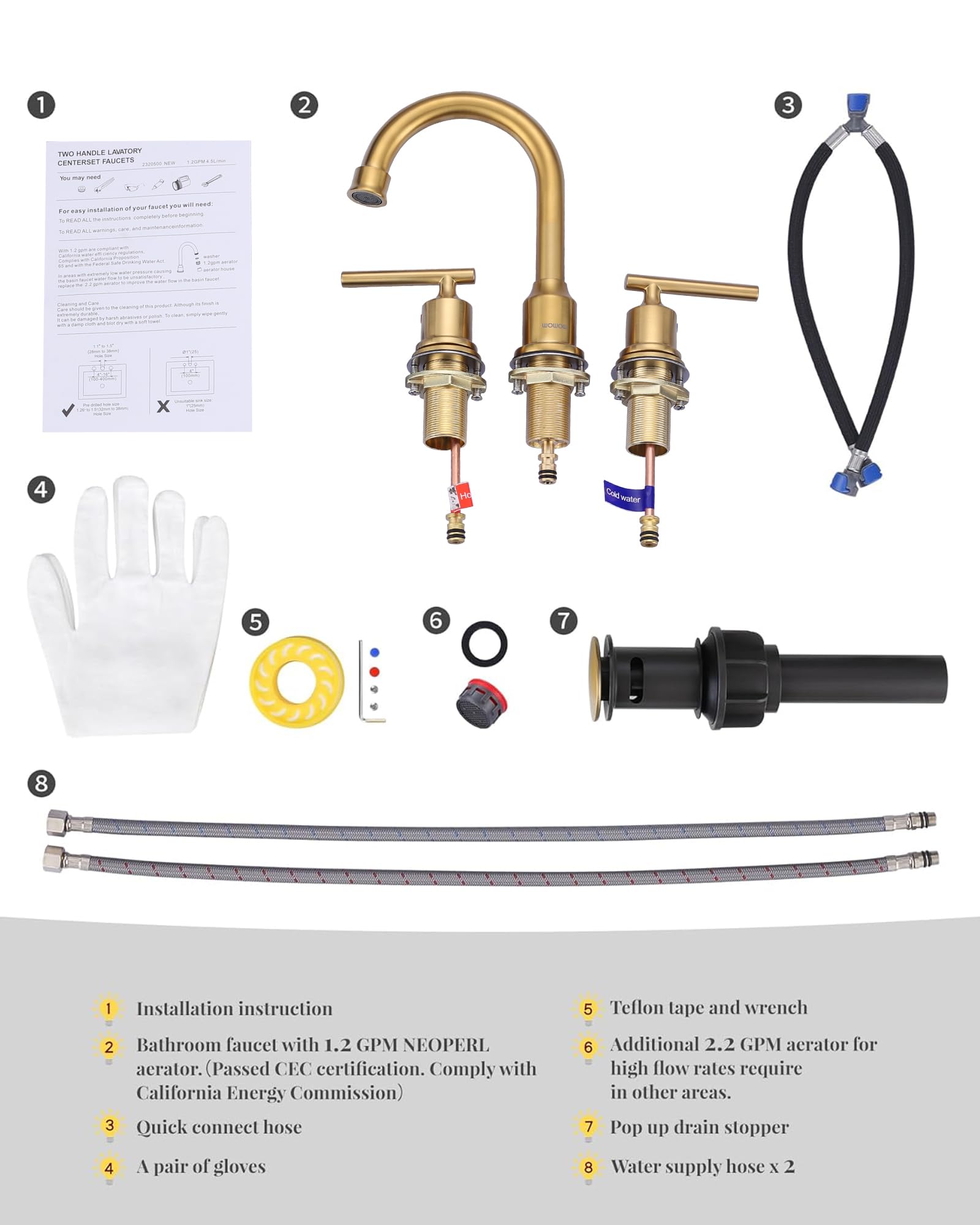 WOWOW Gold Bathroom Faucet 3 Hole Bathroom Sink Faucet Widespread Vanity Faucet 2 Handle Brass Basin Faucet with — view 7