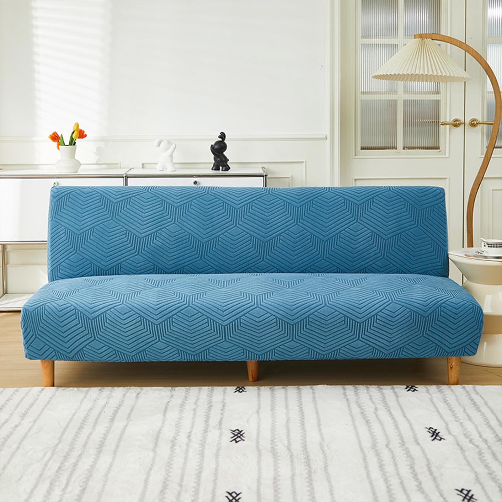 Housse futon extensible jacquard protection canapé convertible sans accoudoir salon