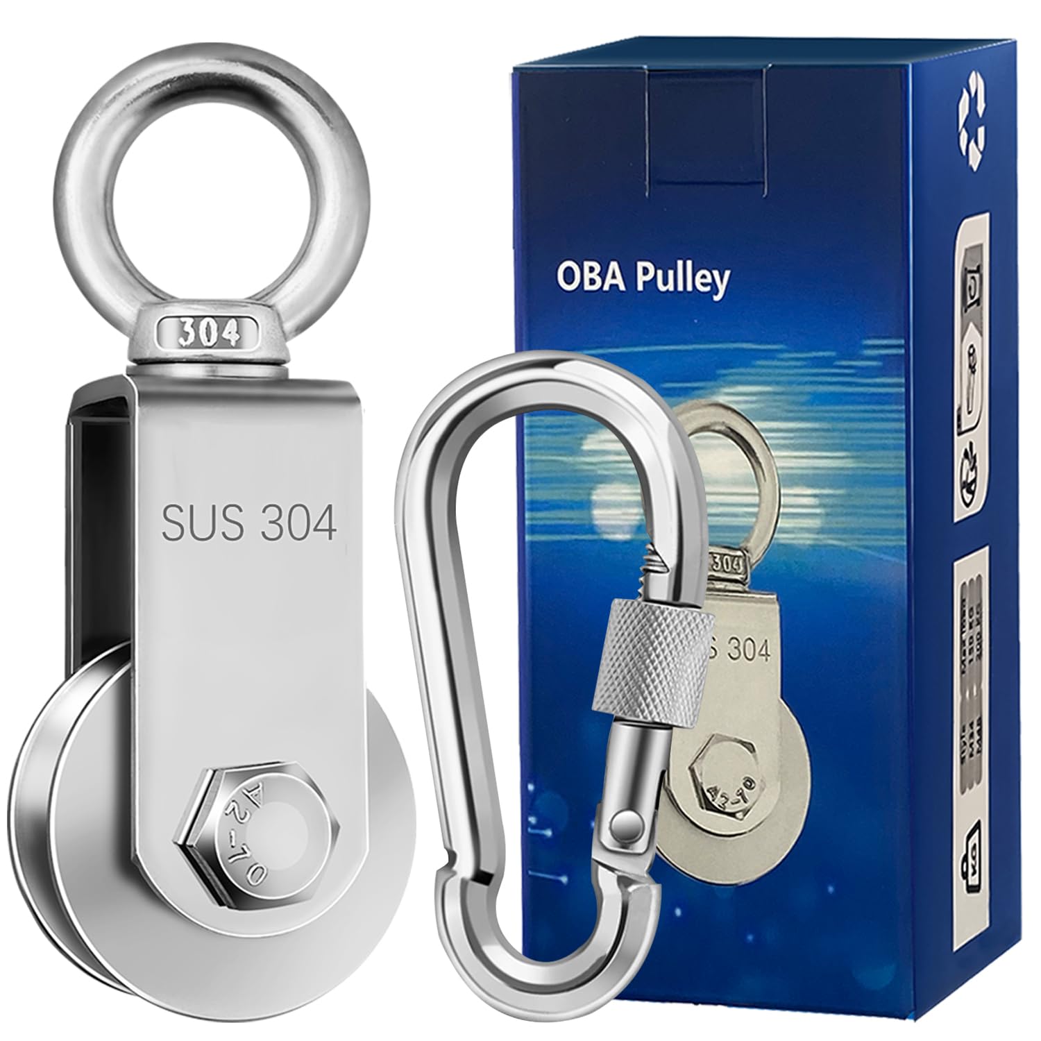 OBA Cable Pulley Wheel Stainless Steel with Ball Bearing Carabiner, Stainless Steel Pully Block M34