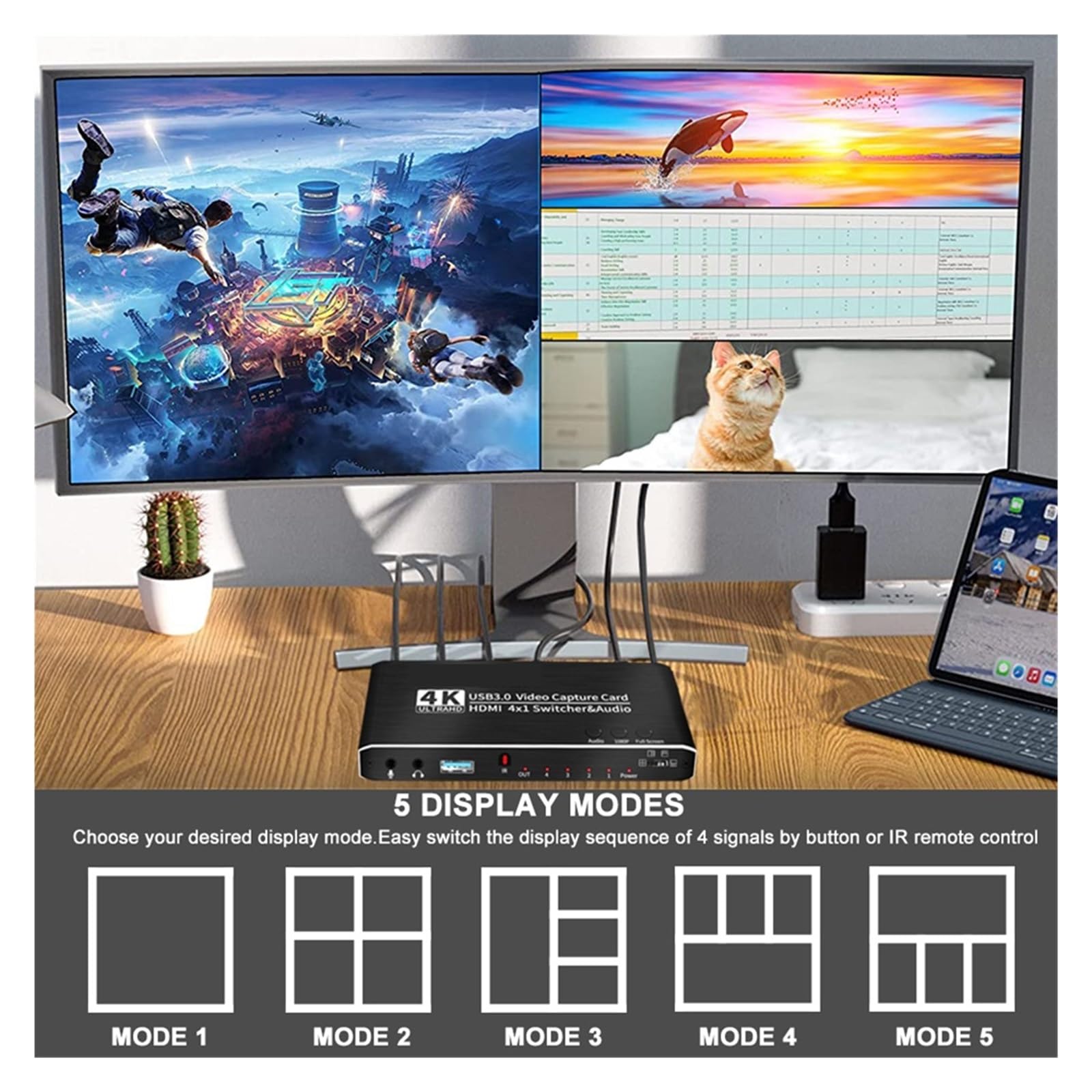 Przełącznik Wideo, Karta przechwytująca wideo 4K z 4 portami i USB 3.0, zgodna z rejestratorem Grabber, płynny przełącznik do nagrywania transmisji strumieniowej na żywo