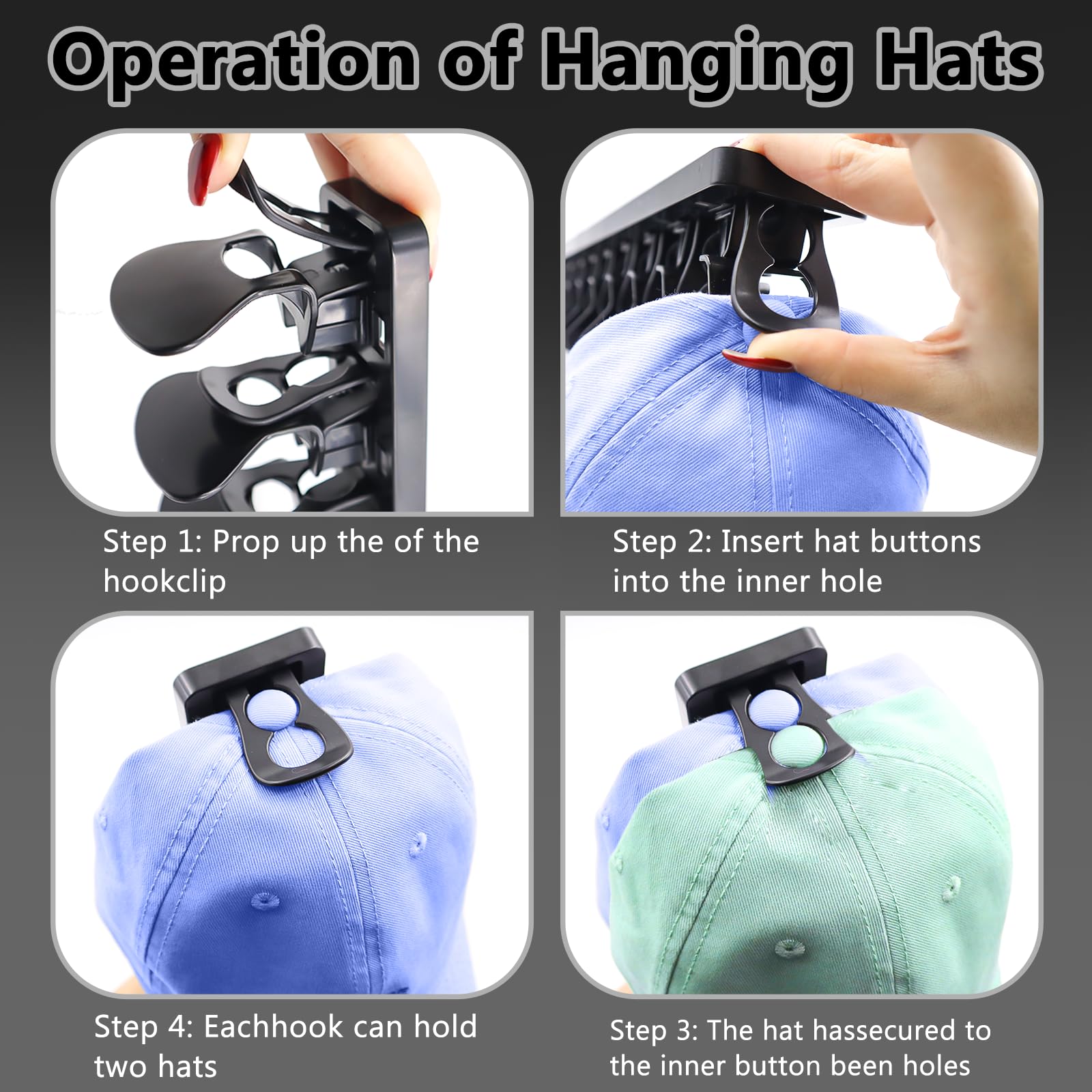 2 Piezas Organizador de Gorras Colgador de Gorras Autoadhesivo o Perforación Estante para Sombreros para Pared para Puerta Armario y Dormitorio​(Negro)