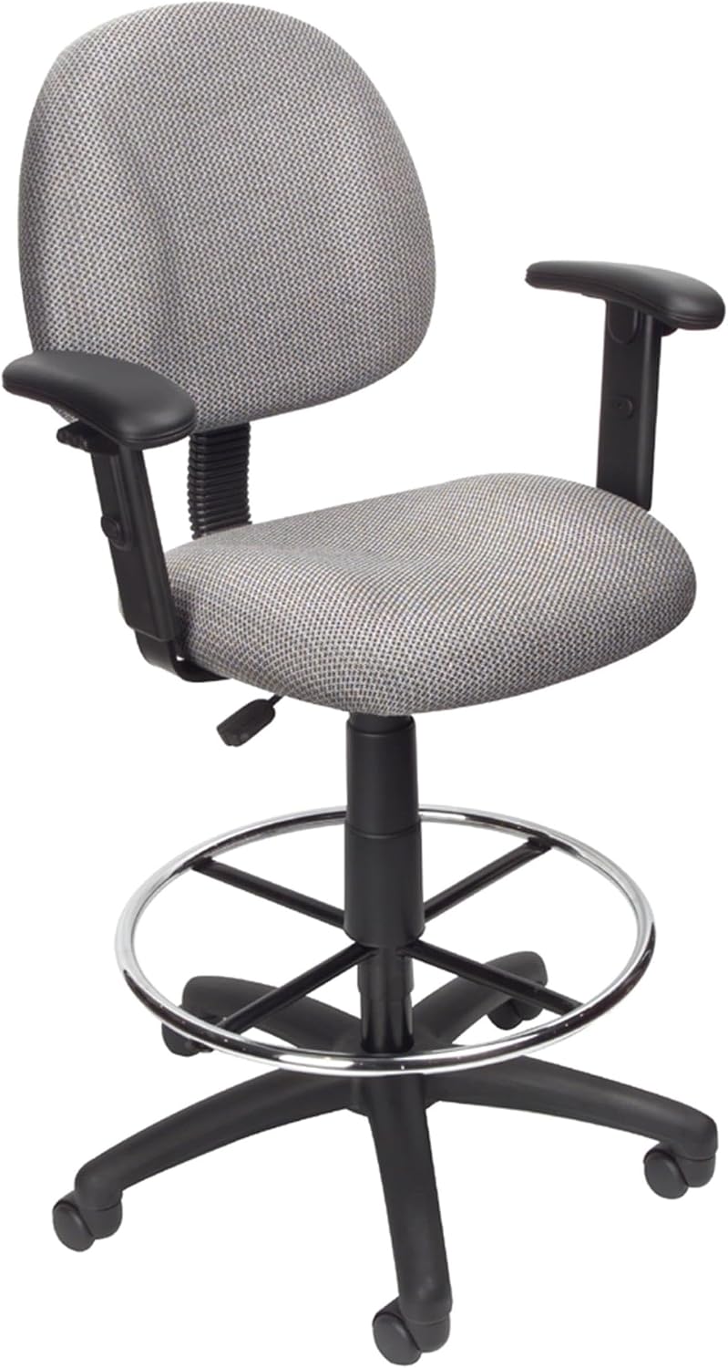 BOWERY HILL Contoured Rolling Fabric Drafting Stool with Arms, Gray Finish, Adjustable Height Seat and Arms, Chrome Footring, Pneumatic Gas Lift, Nylon Base with Casters for Office or Studio Use