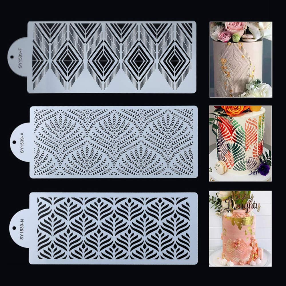 MAKINGTEC Cake Decorating Stencils, Plastic Templates Spray Floral Molds, Cookie Fondant Dessert Decorating Side Baking Mesh Stencil, Lace Decoration Food Grade (3PC)