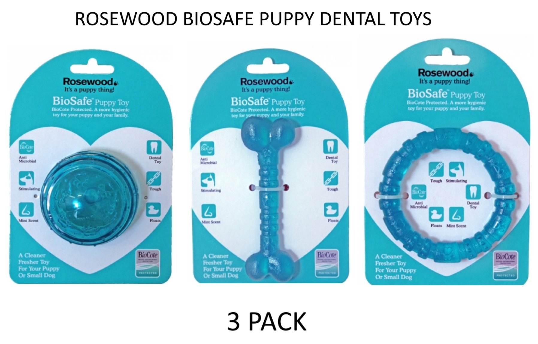 Rosewood 3 PACK BLUE DOG PUPPY BIOSAFE MINT SCENTED TEETHING DENTAL CHEW TOYS