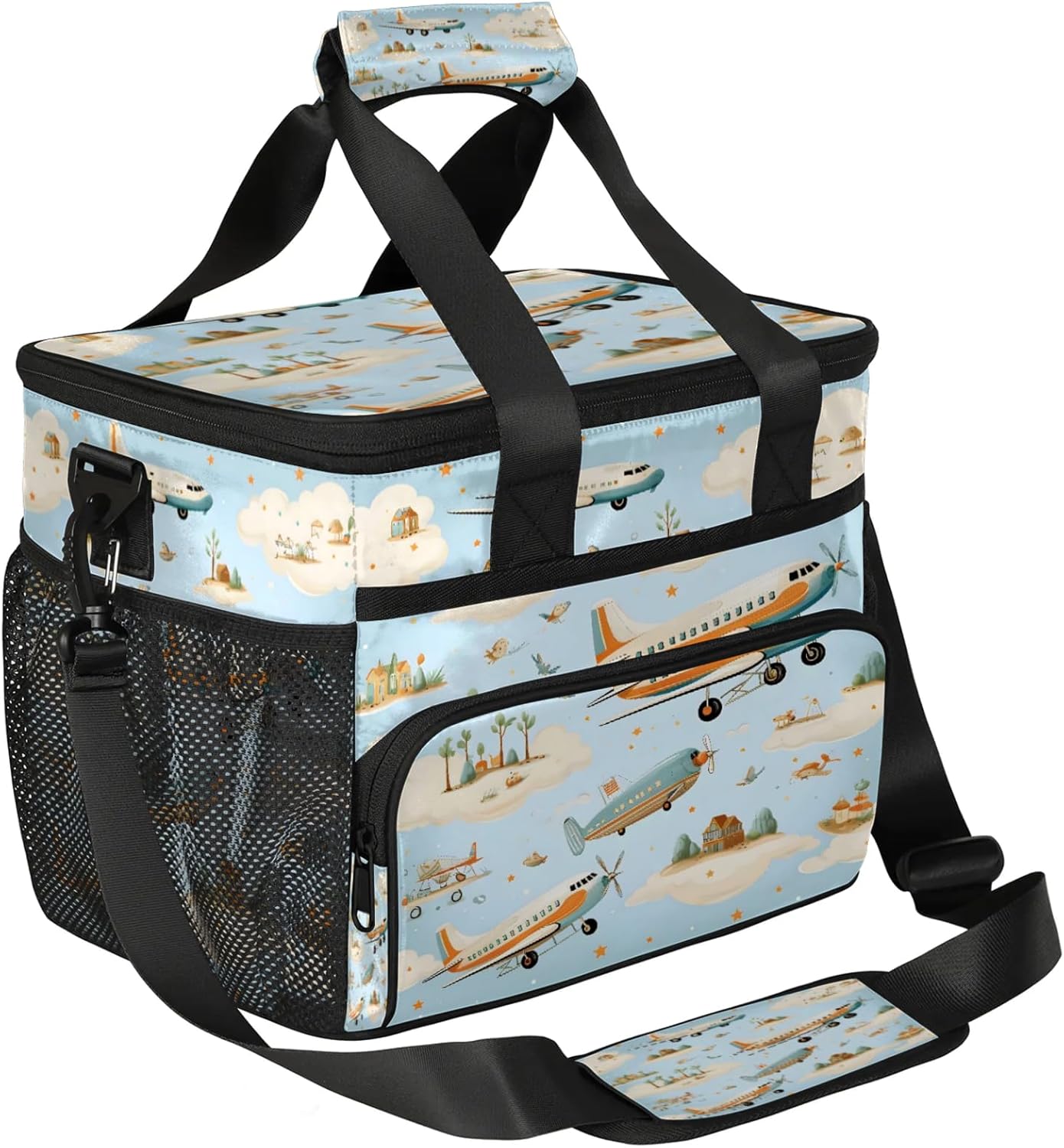 Cute Aircraft Insulated Large Lunch Bag Lunchbox Reusable Leakproof Cooler Bags with Shoulder Strap for Adult Men Women Work Picnic