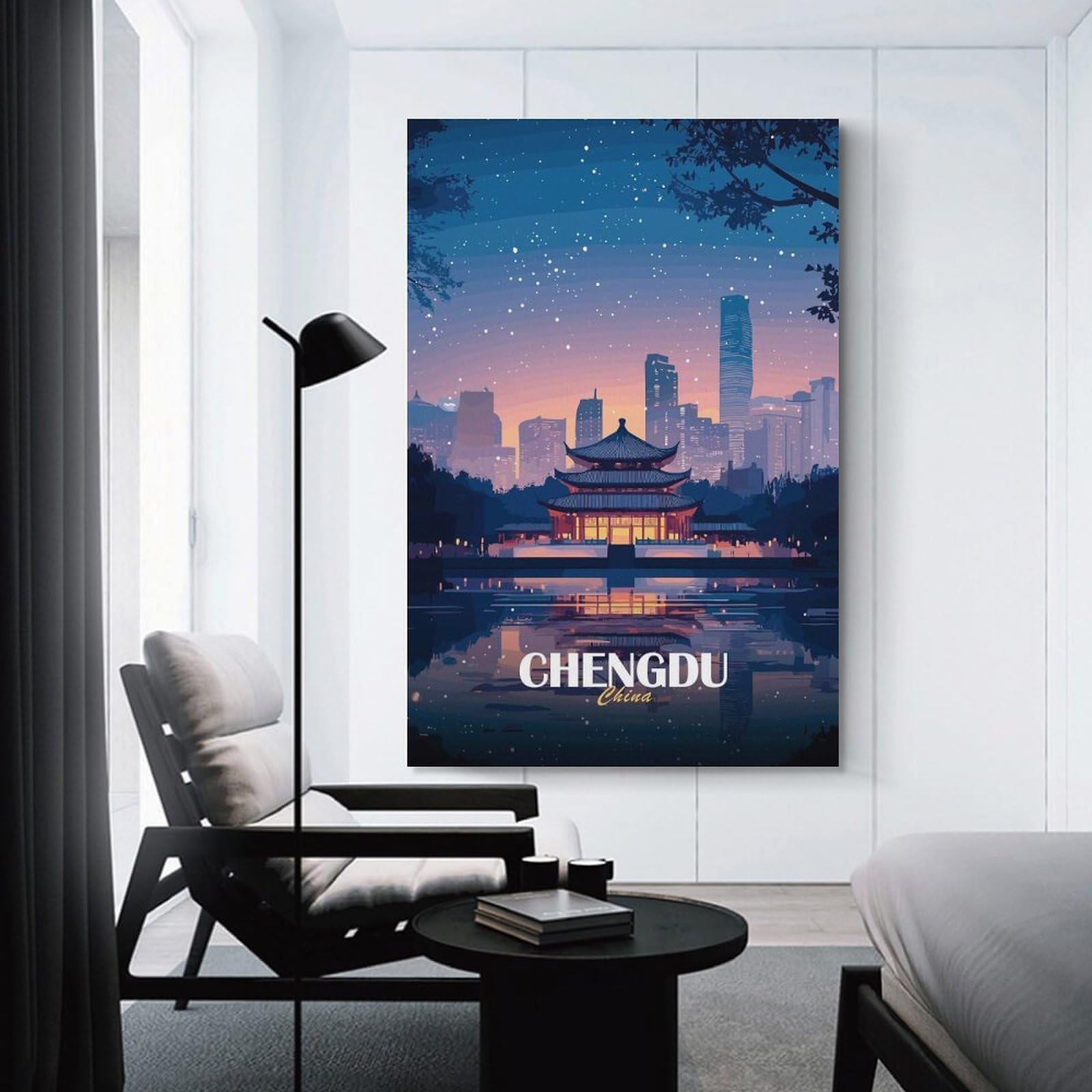 Junmoney Chengdu China Cityscape at Night Hanging Wall Art 20x30inch(50x75cm), for New Homes, Bedrooms Or Workspaces, Thoughtful Wall Decor for Art Lovers