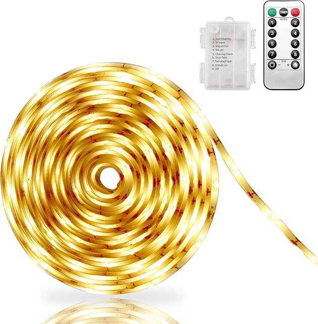 Criacr 150 LED Strip Light, Battery LED Strip Lights 5M with Remote Timer, Cuttable Strip Lights with Self-Adhesive, 8 Modes, Dimmable, Waterproof for Bedroom, Kitchen, Computer, TV Decor (Warm White)