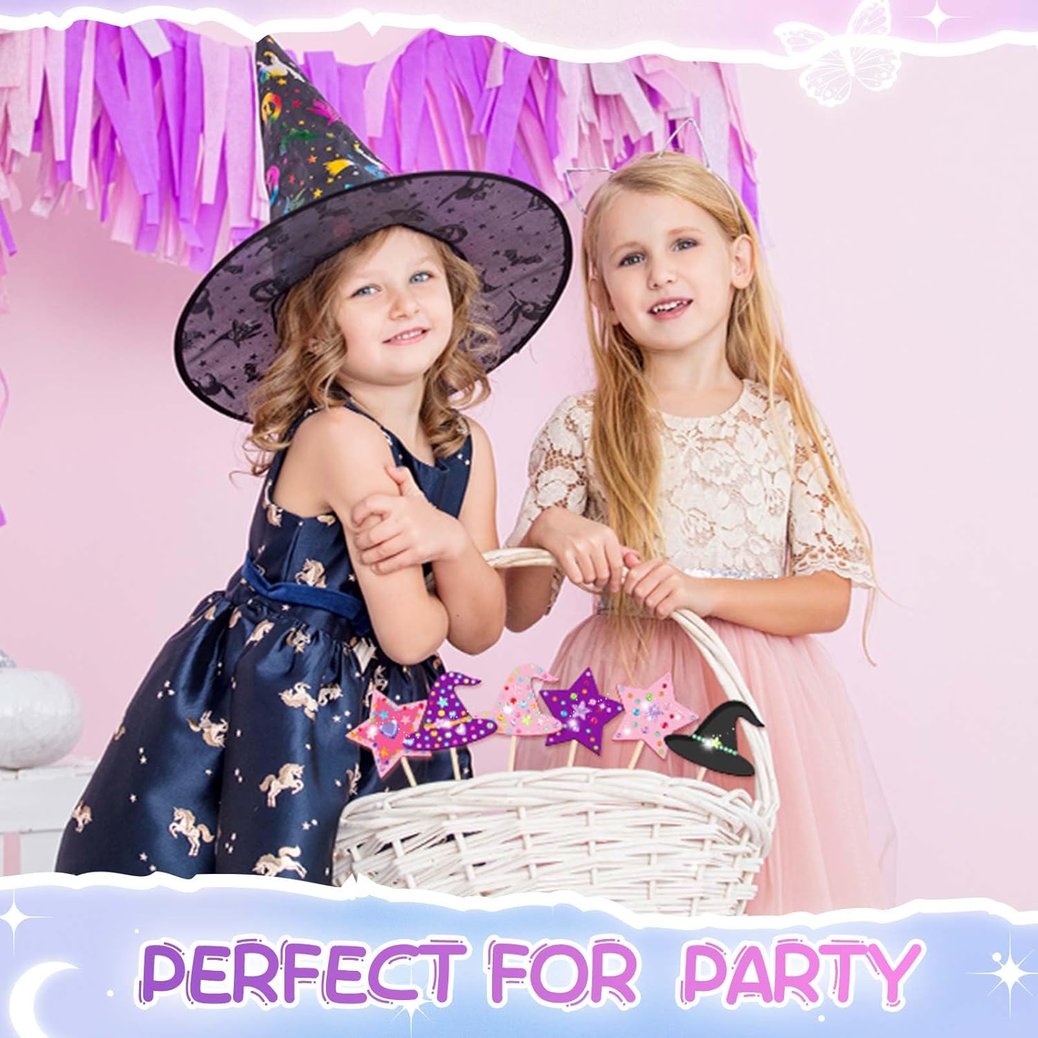 Juexica 48 Pcs Fairy Wands Kit Including 24 Unfinished Wood Star Wands, 24 Witch Hat Sticks and 12 Sheets Gem Stickers for Witch and Princess Birthday Party Favors Decorations DIY Craft Gift, 2 Styles